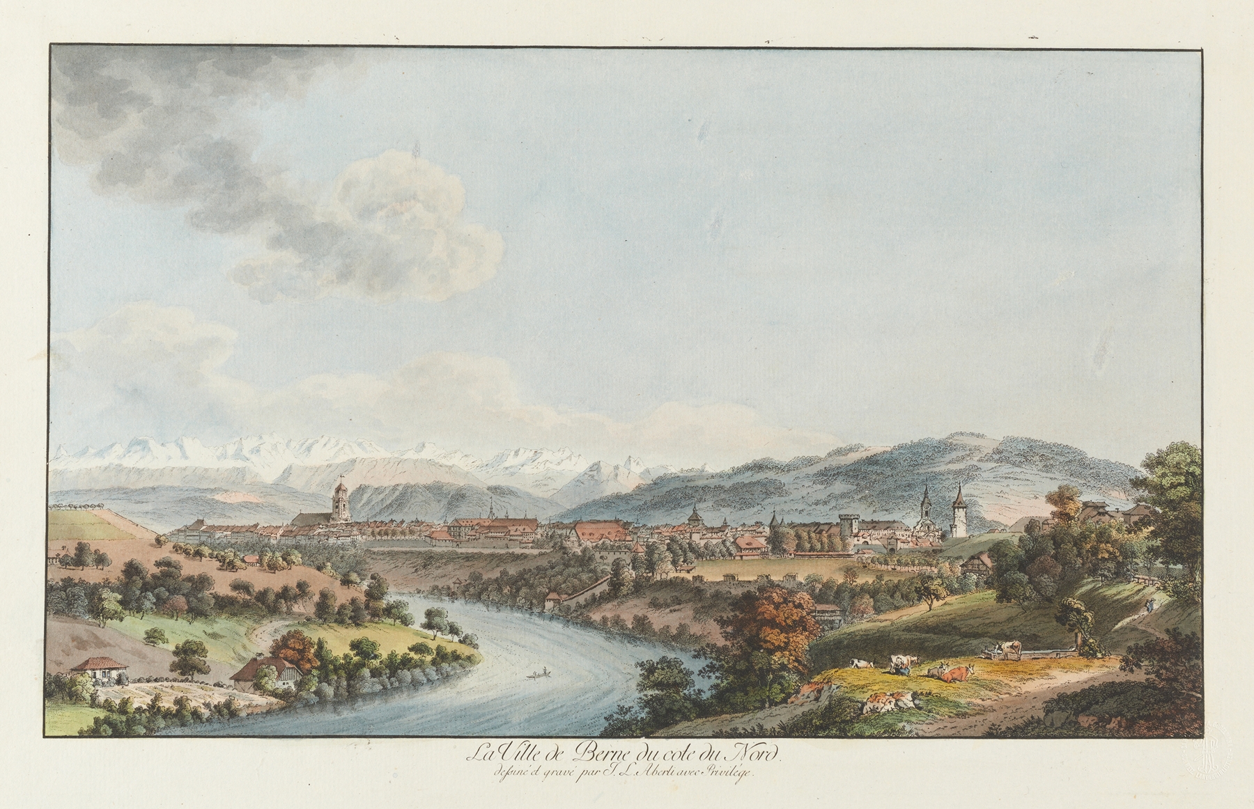 Engraving by Johann Ludwig Aberli depicting a landscape with trees and horizon.