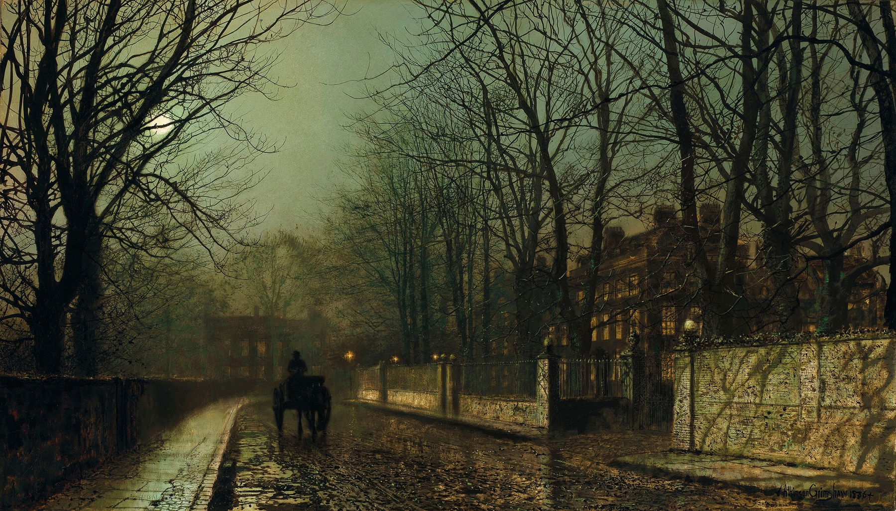 A Wet Moon, Putney Road by John Atkinson Grimshaw, oil painting depicting a moonlit street.