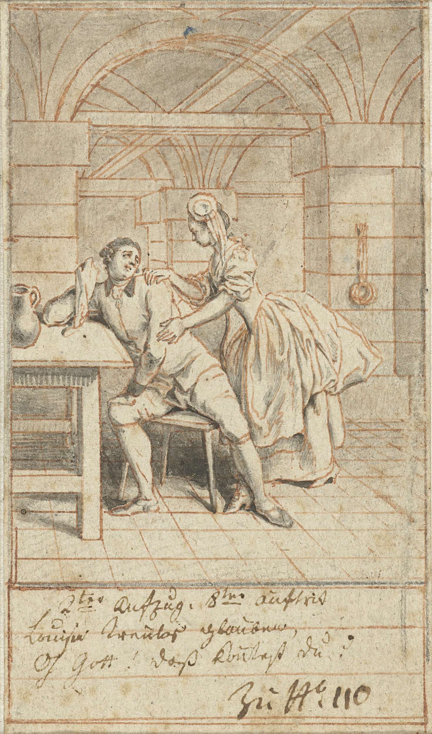 Engraving by Daniel Nikolaus Chodowiecki depicting a woman and man in prison with light and shadows.