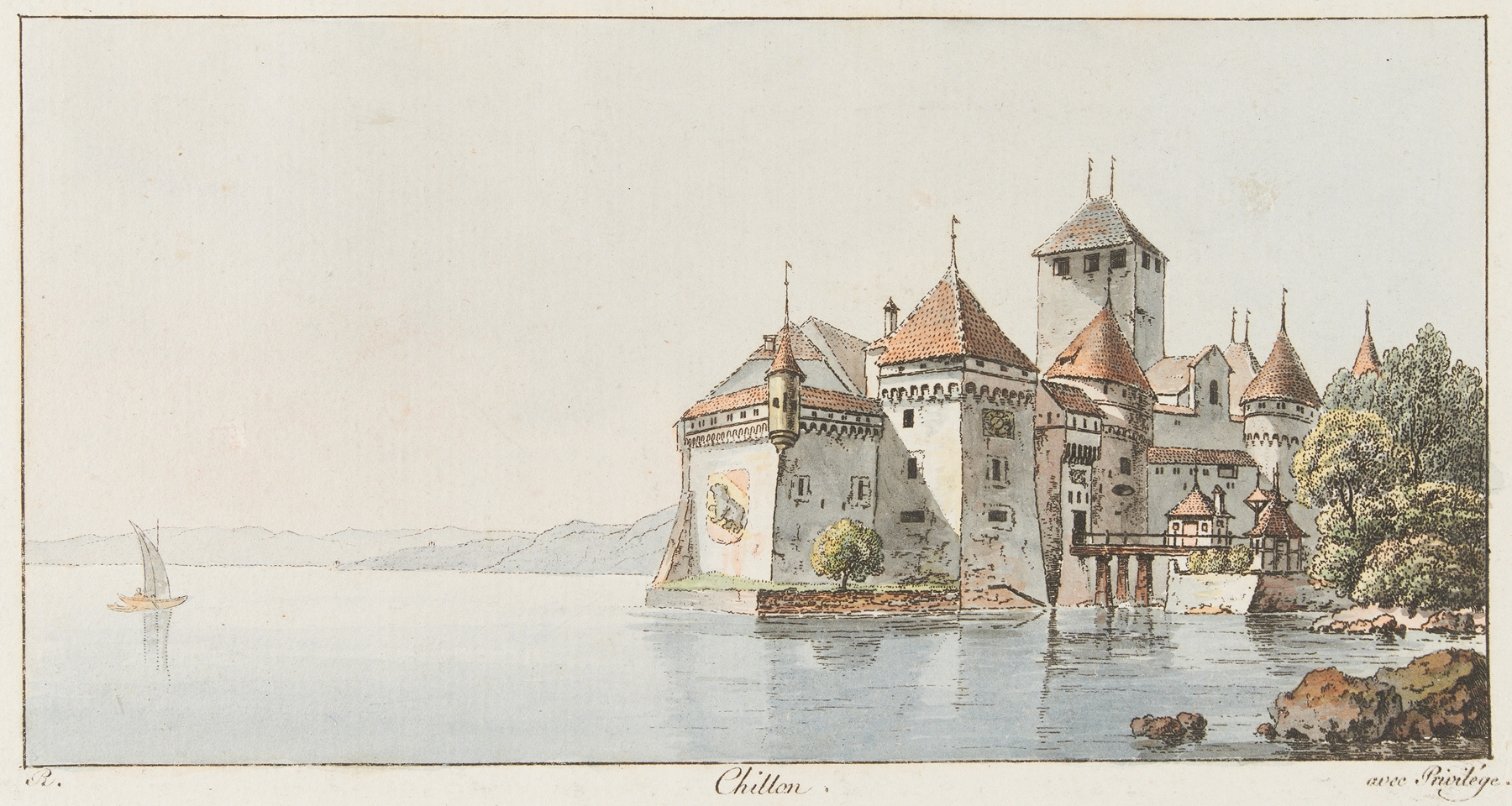 Watercolour by Johann Ludwig Aberli depicting a castle by a lake at twilight.