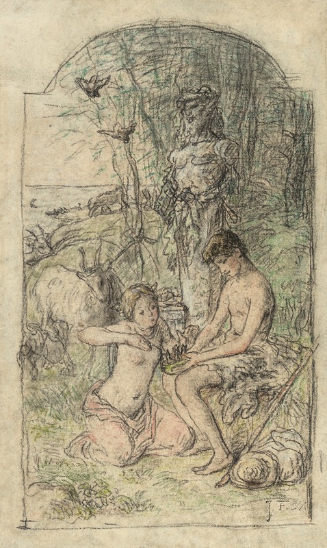 A depiction of Daphnis and Chloé in a pastoral setting.