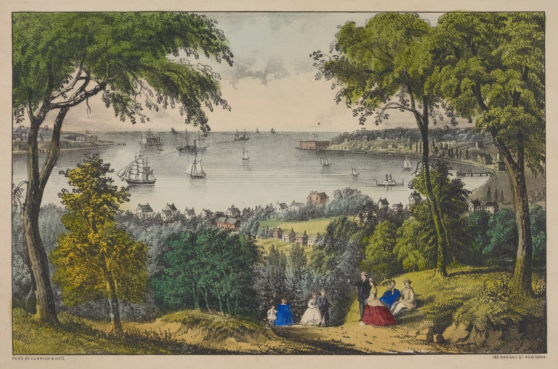 Lithograph by Currier & Ives depicting The Narrows, New York Bay with hills and water