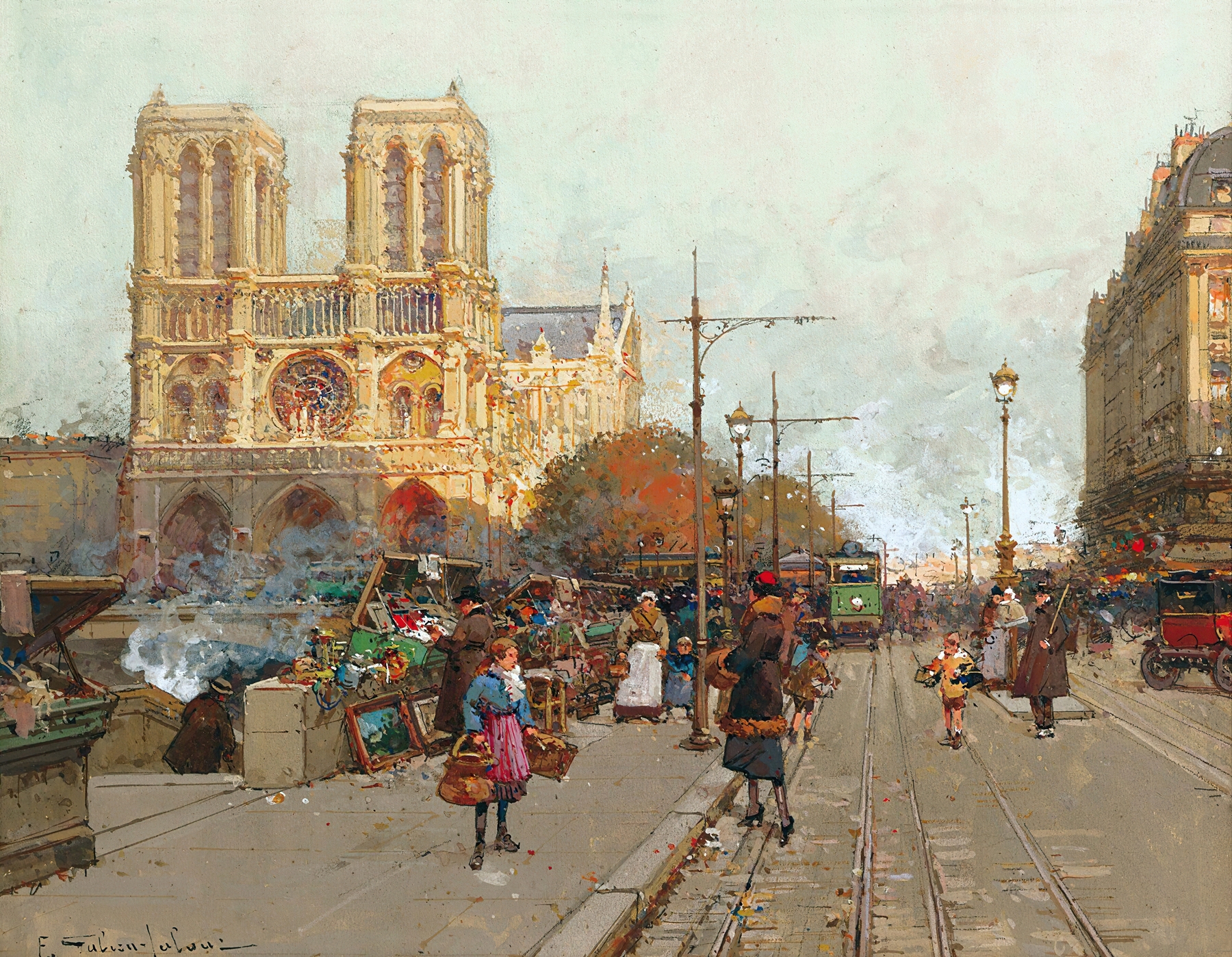 Notre Dame De Paris, Vue Du Quai De Montebello by Eugène Galien-Laloue, oil painting