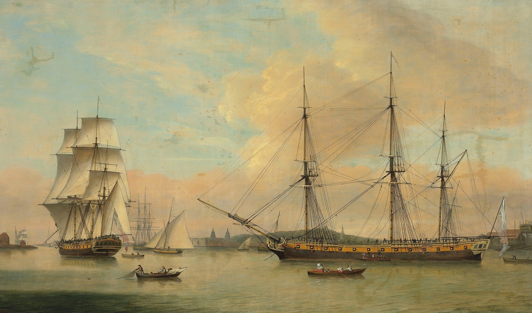 Marine oil painting by Thomas Luny depicting the Monsieur at Deptford dockyard