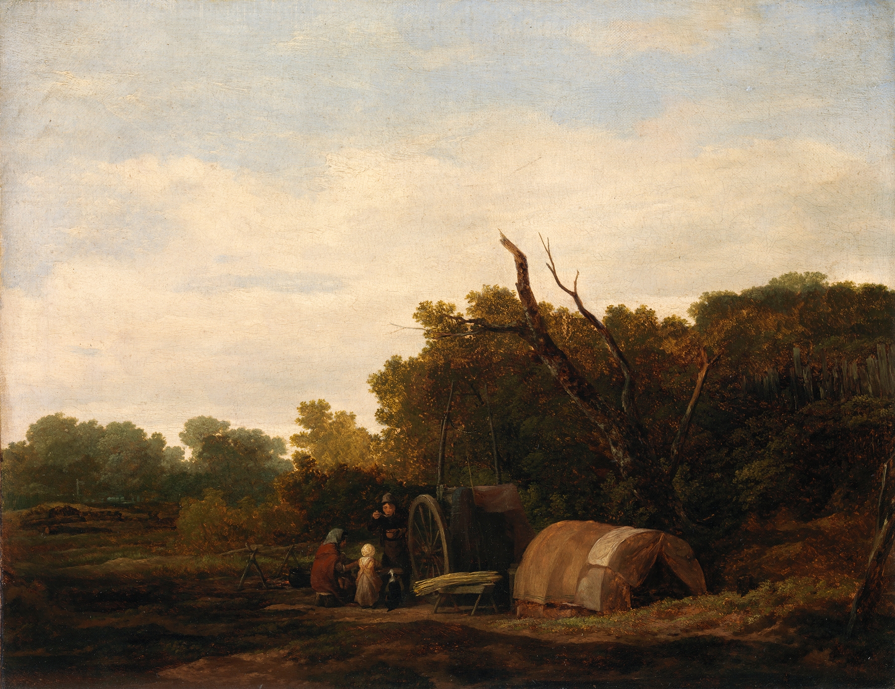 A Gypsy Encampment by William Mulready, oil on canvas showing a lively campfire gathering.