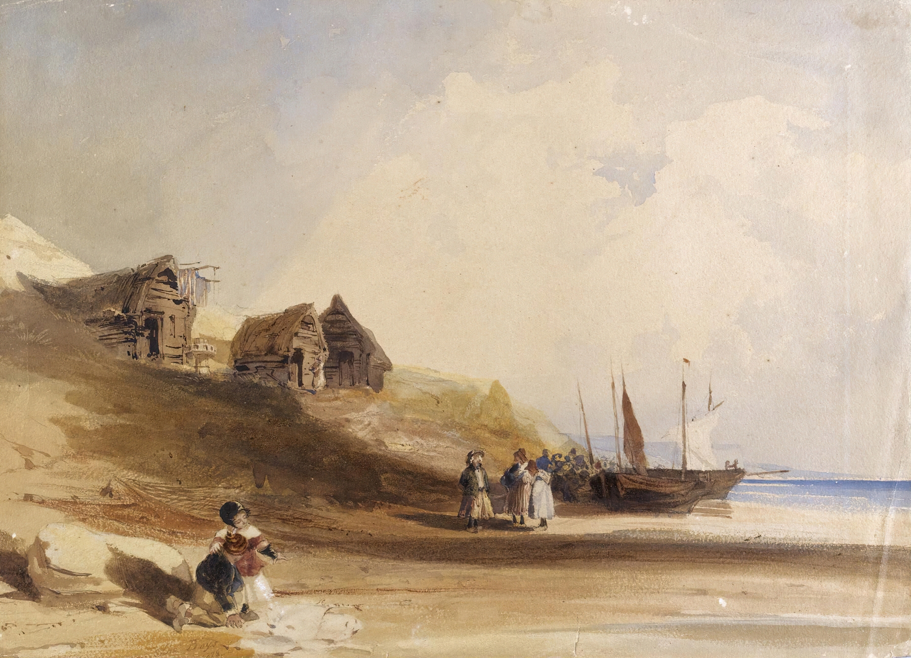 French coastal scene with figures, boats, and fishing shacks, oil painting by Thomas Shotter Boys
