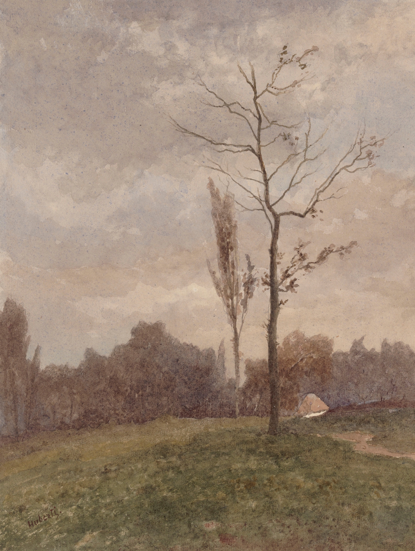Landscape by Edouard Jules Joseph Huberti, oil on canvas depicting a serene horizon with greenery and golden light.