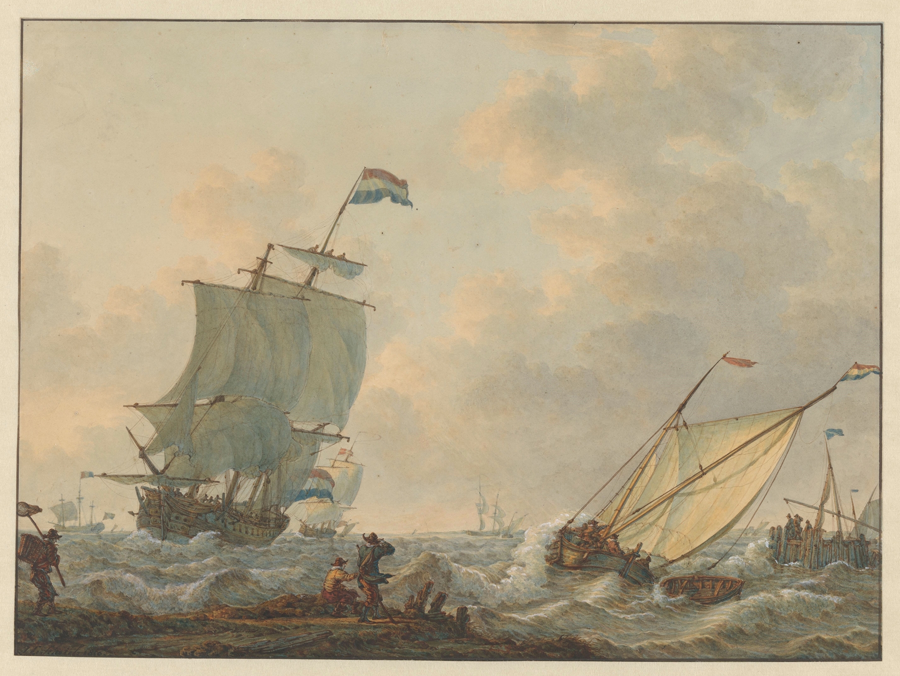 Marine scene with ships battling turbulent waves, oil painting by Johannes Christiaan Schotel