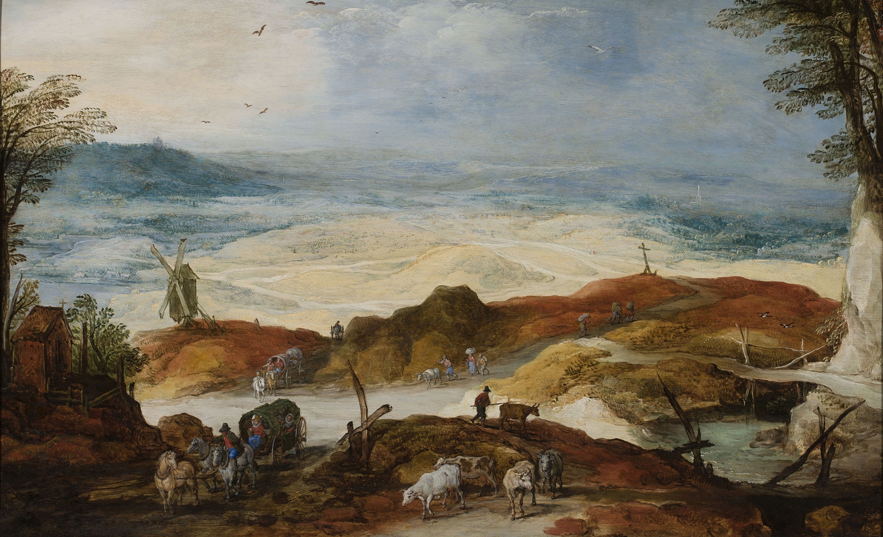 Sandy landscape with travellers and cattle, by Joos de Momper, public domain
