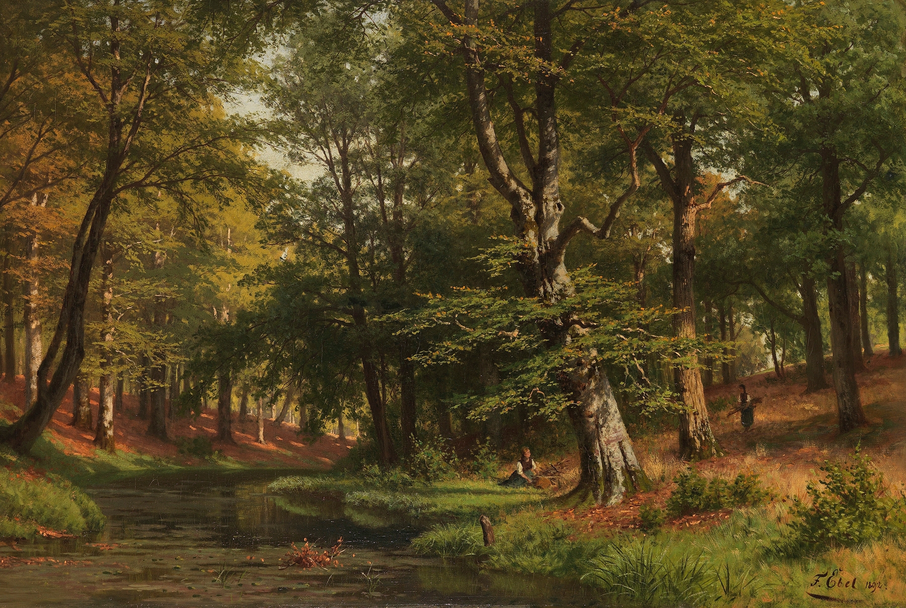 Genre scene of women collecting twigs in a beech forest, oil painting by Fritz Ebel
