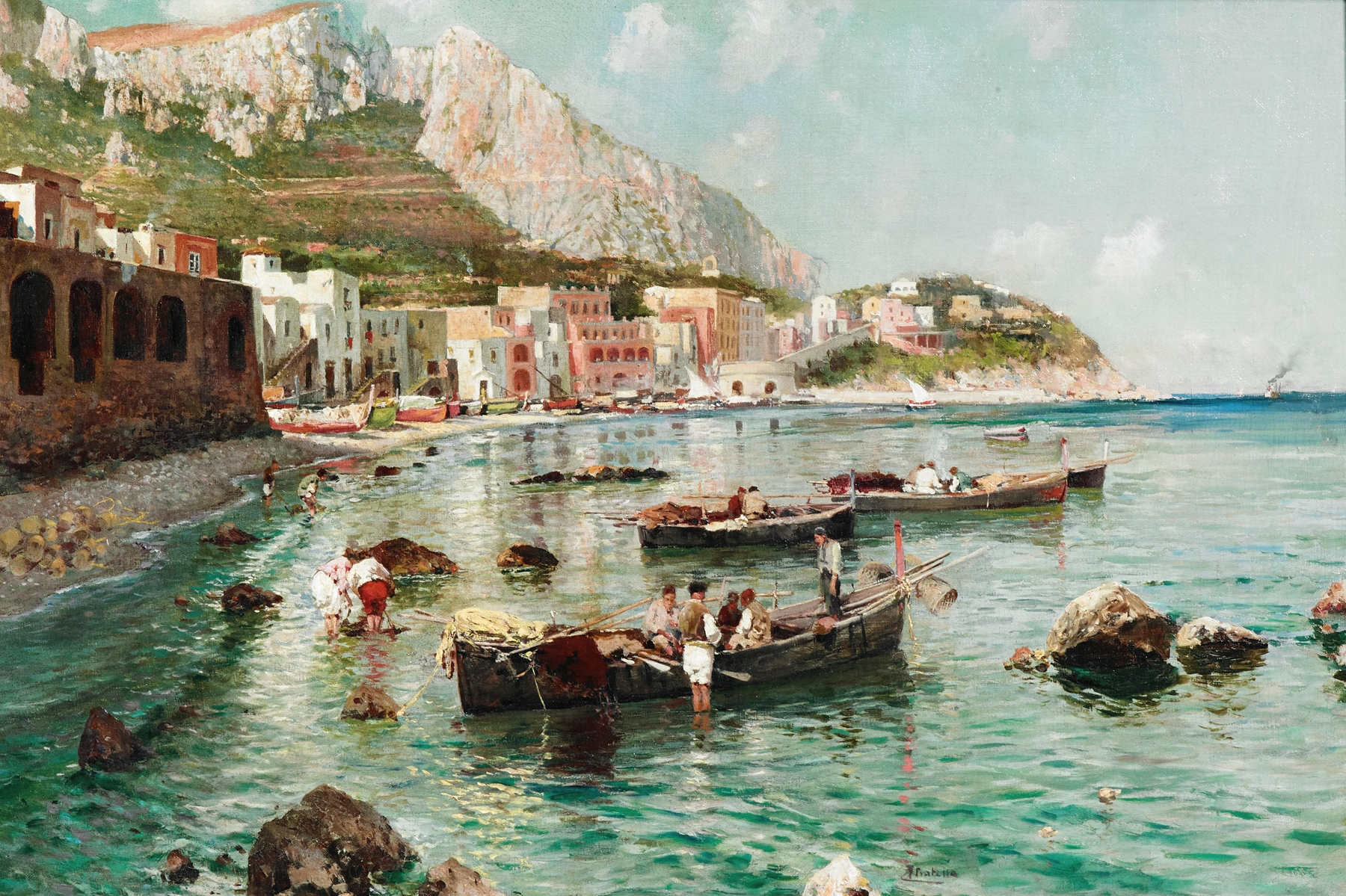 Marina landscape with turquoise sky by Attilio Pratella, oil painting
