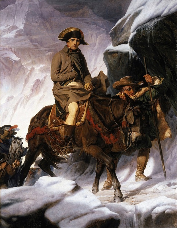 Paul Delaroche's painting depicts Napoleon bravely crossing the Alps.
