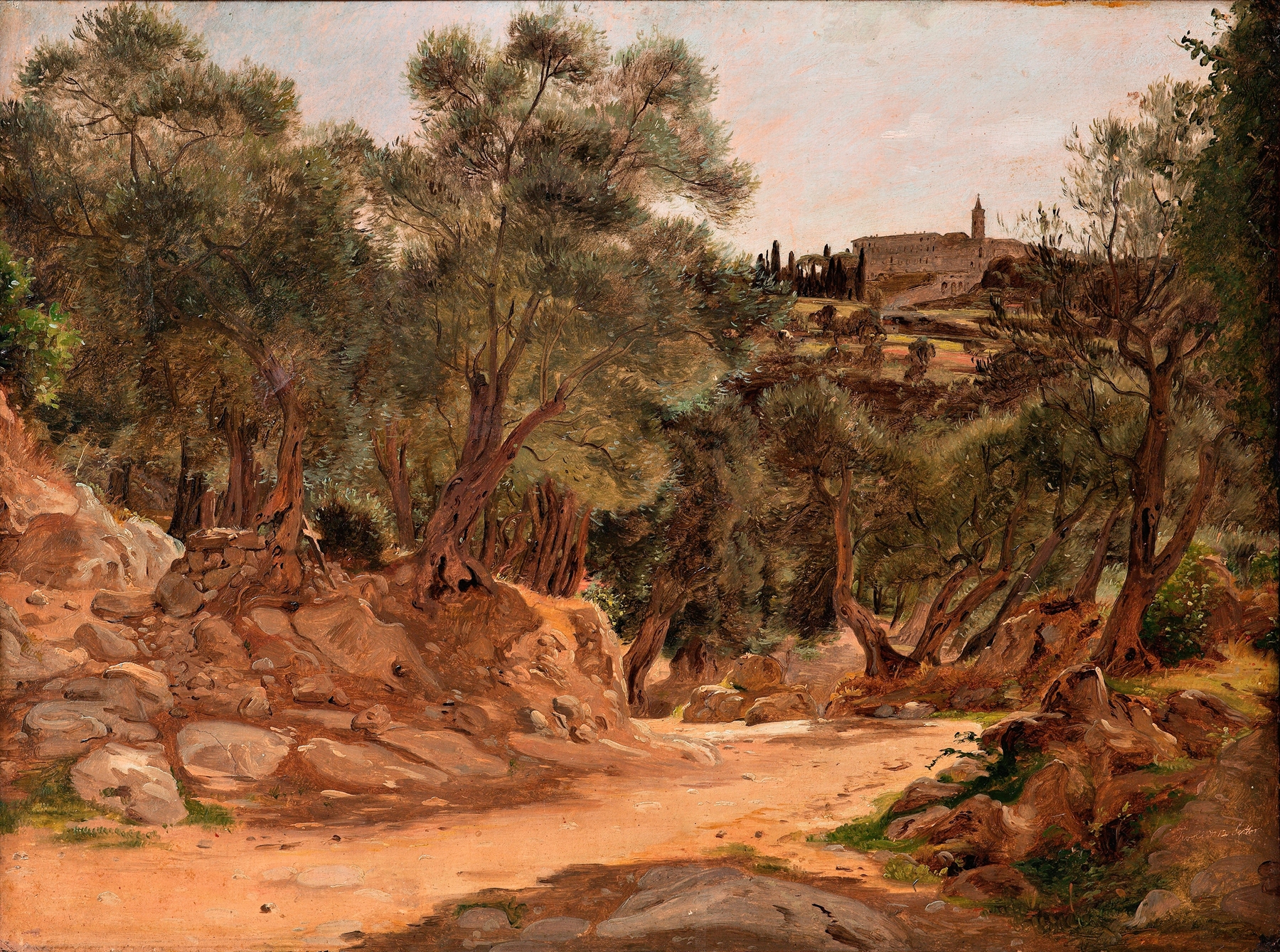 Olive Grove from Tivoli near Rome by Jørgen Roed, depicting olive trees and sunlight filtering through foliage.