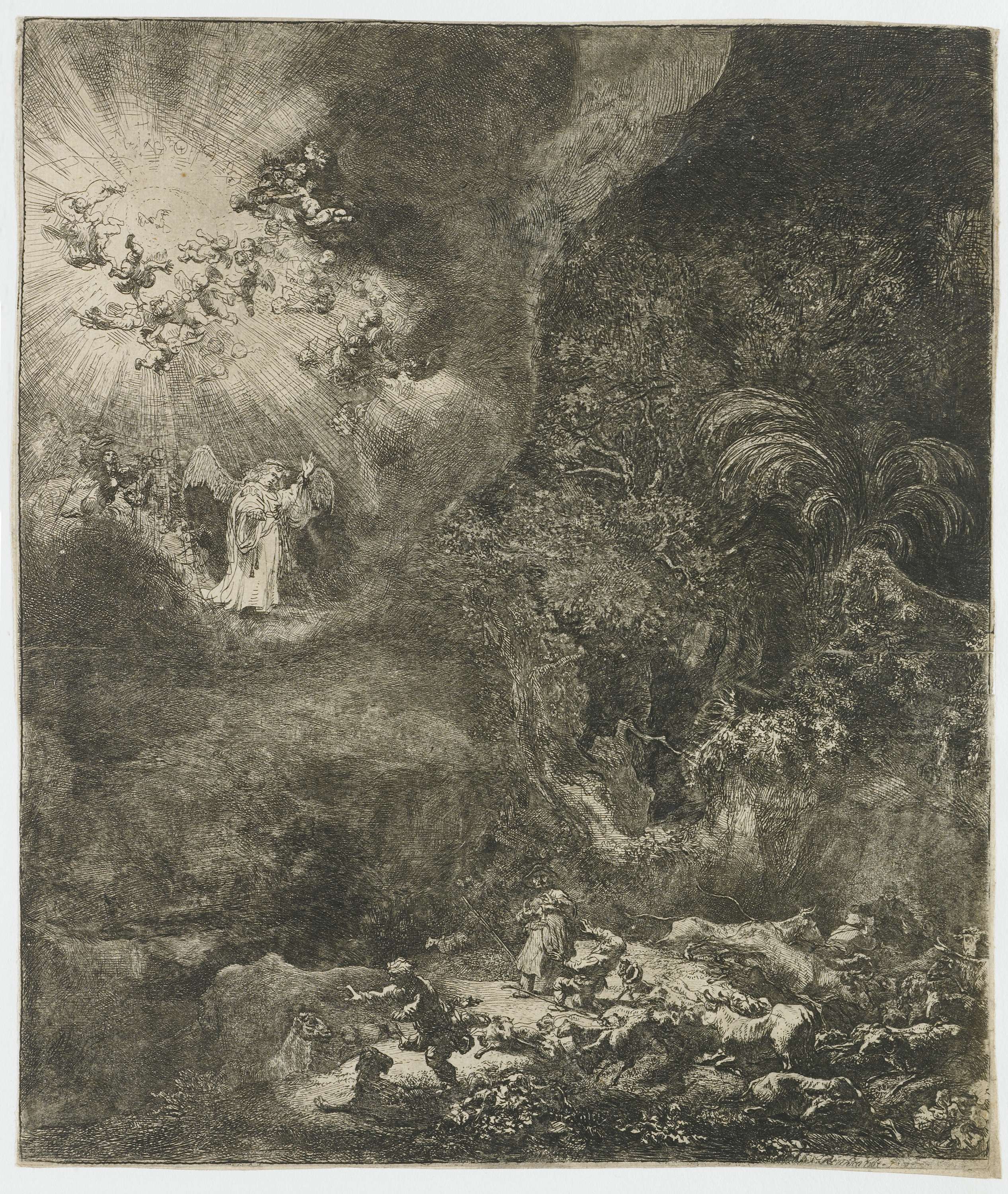 Etching by Rembrandt van Rijn depicting an angel and shepherds in divine light