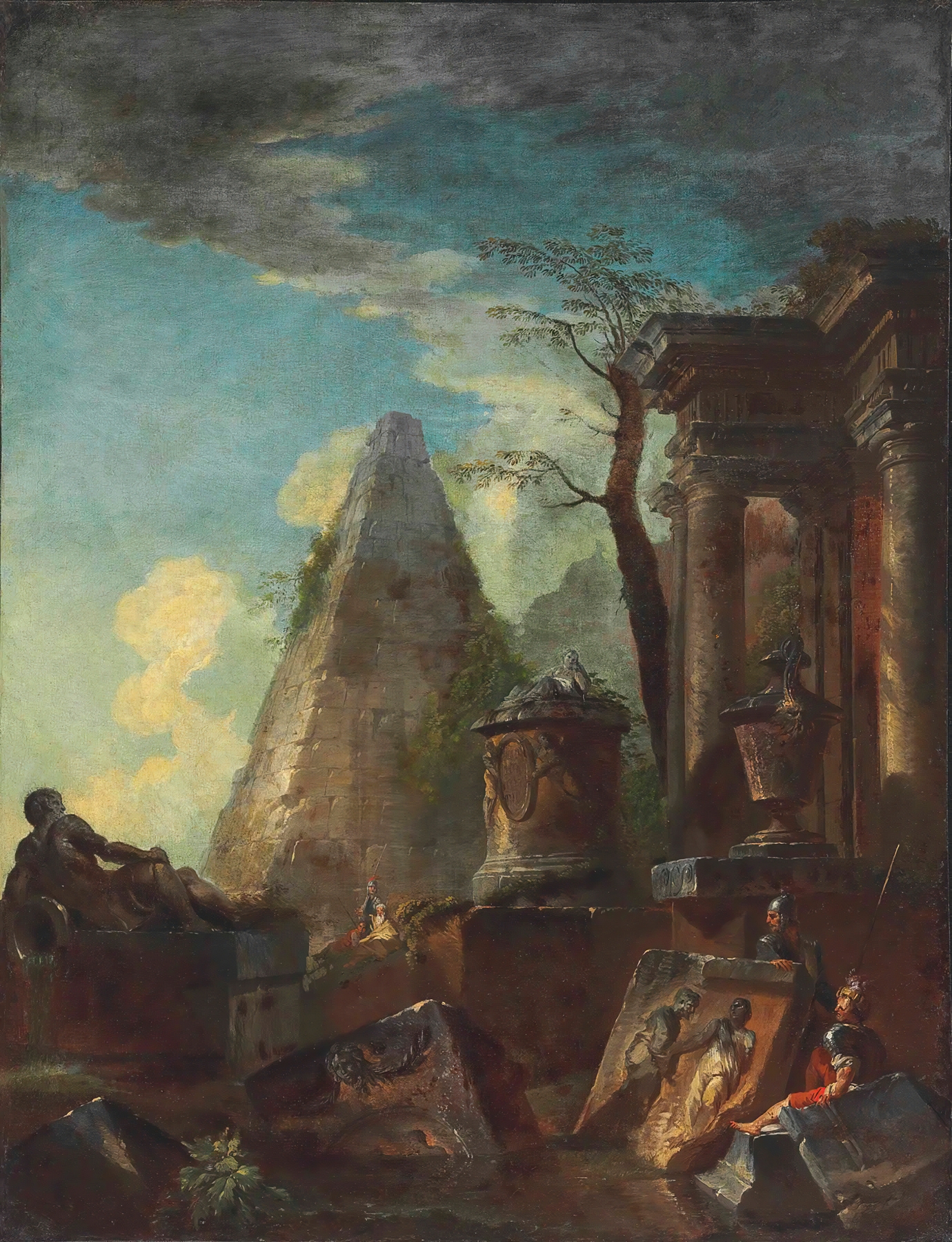 A Capriccio Of Classical Ruins With The Pyramid Of Cestius Beyond, by Giovanni Paolo Panini, public domain