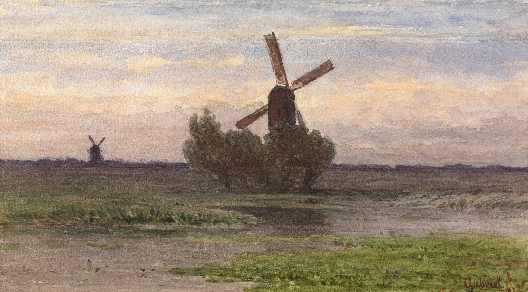 Dutch Landscape by Paul Joseph Constantin Gabriël, oil on canvas depicting rolling hills and a tranquil sky.