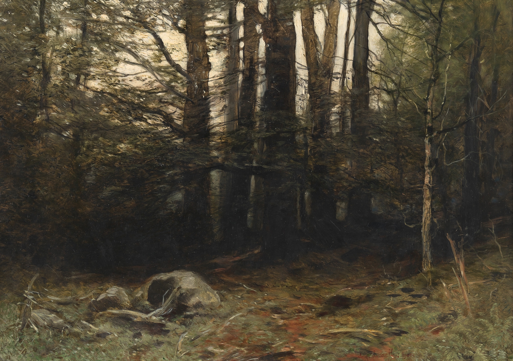 Lainzer Tiergarten by August Schaeffer von Wienwald, oil on canvas depicting a serene forest scene.