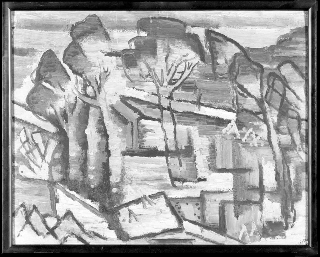 Cubist Landscape by Johann Walter-Kurau, featuring abstract geometric shapes in muted colors.