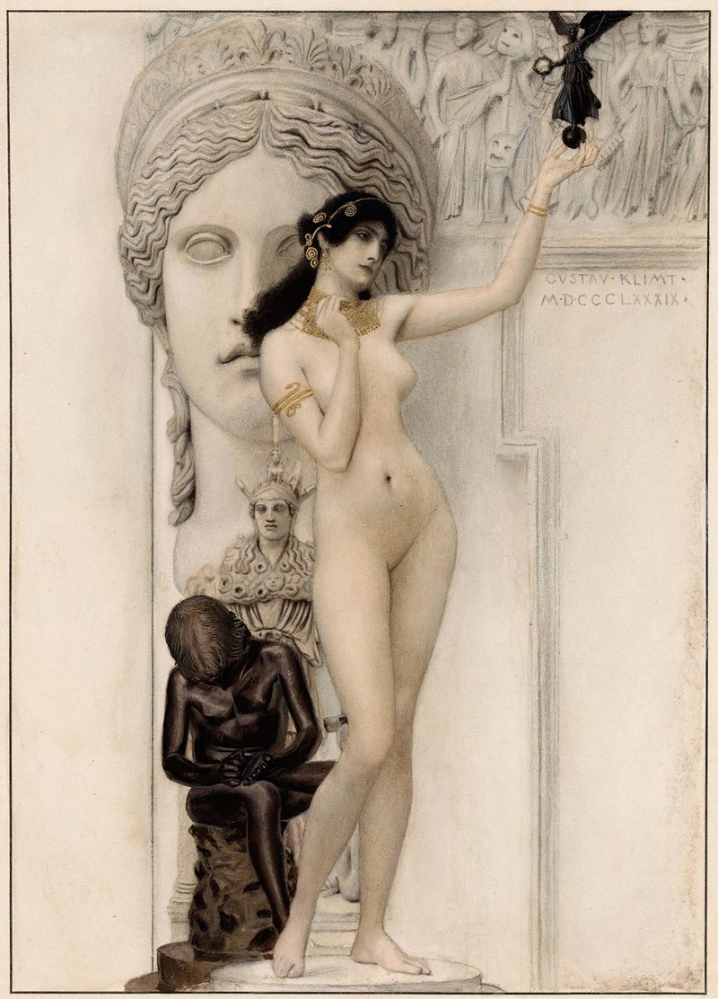 A figure representing sculpture surrounded by decorative elements and patterns.