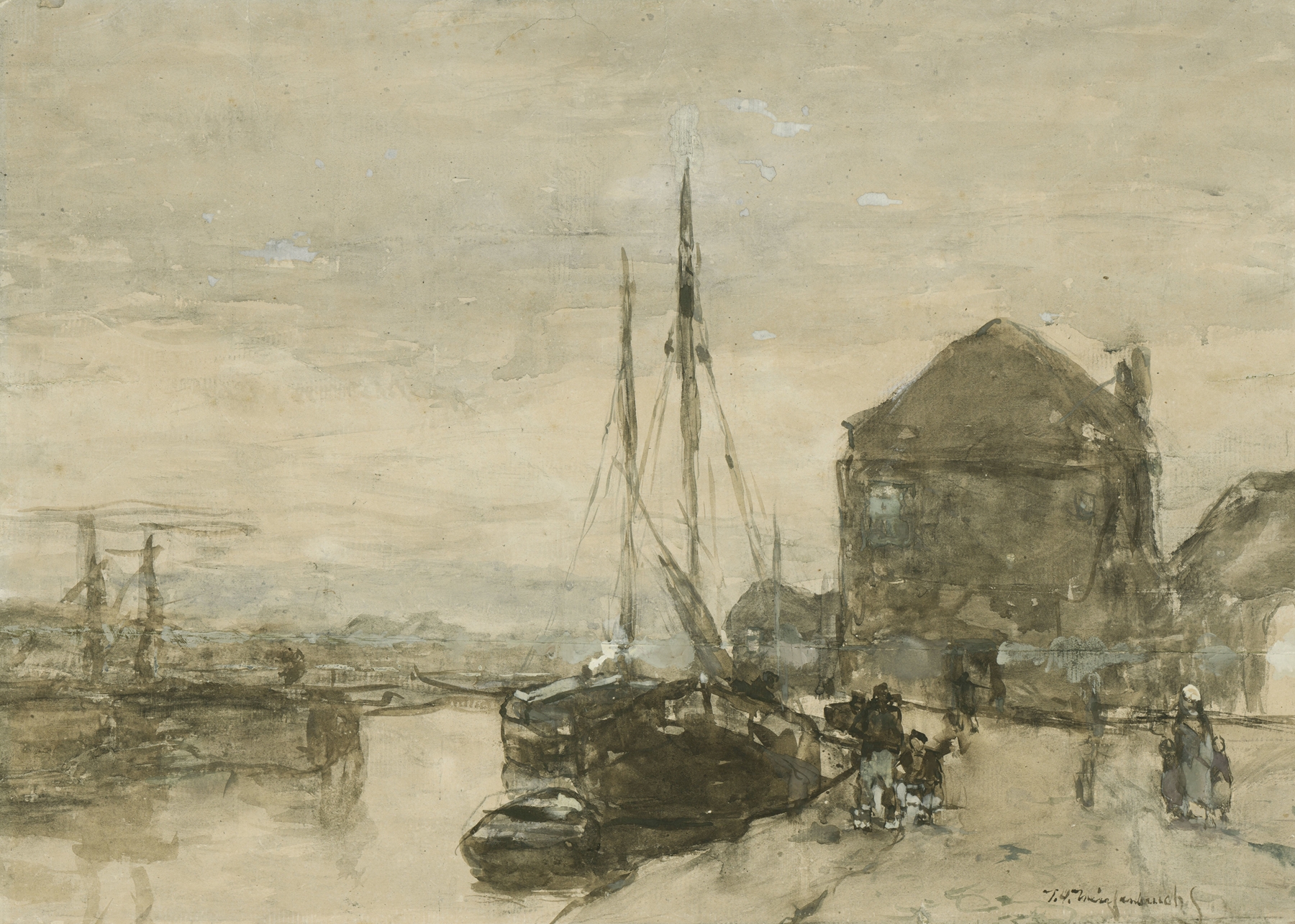 Landscape with buildings and water by Johan Hendrik Weissenbruch, oil painting, after 1865.