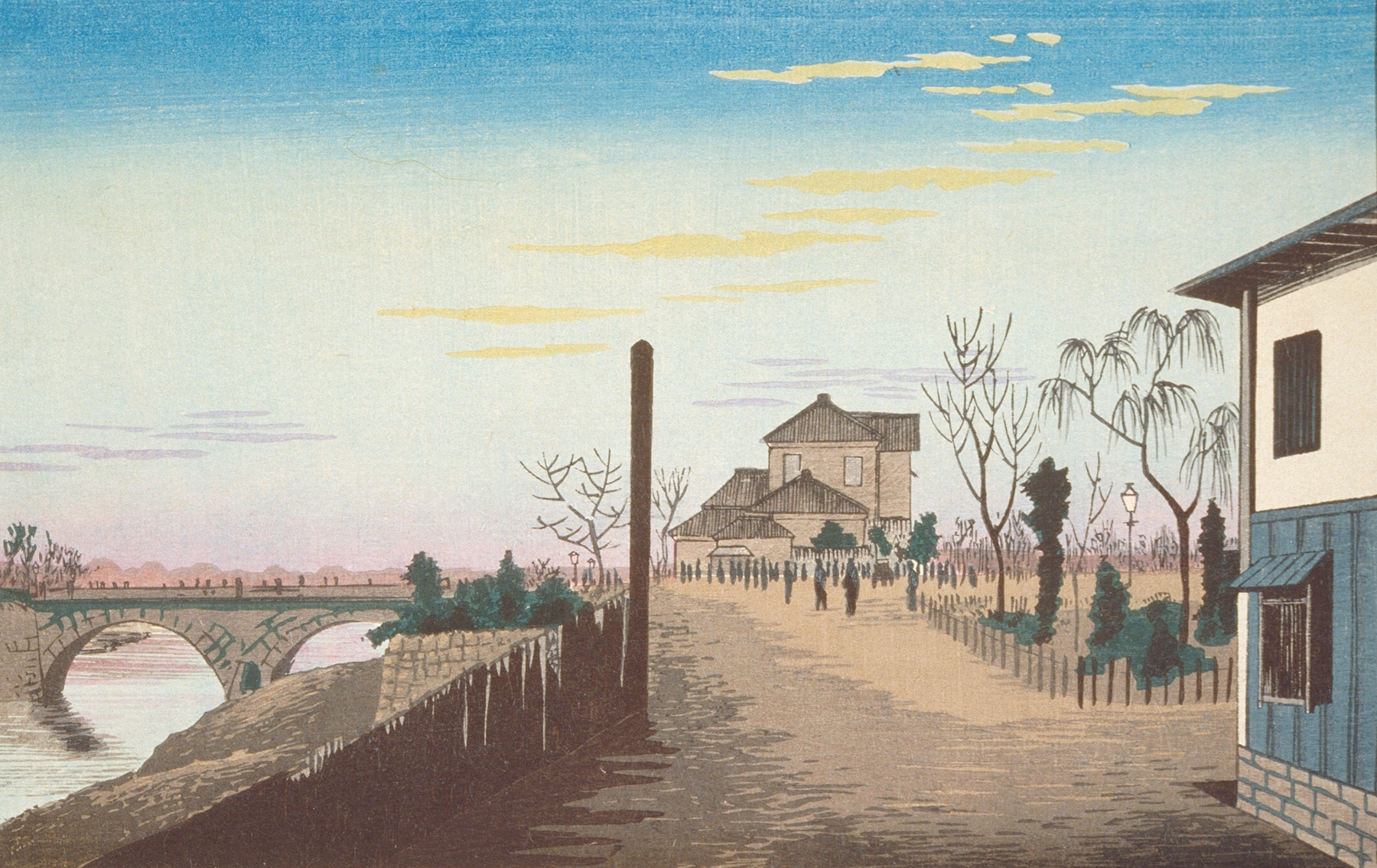 Rising Sun from Yorozubashi Bridge, by Kobayashi Kiyochika, public domain