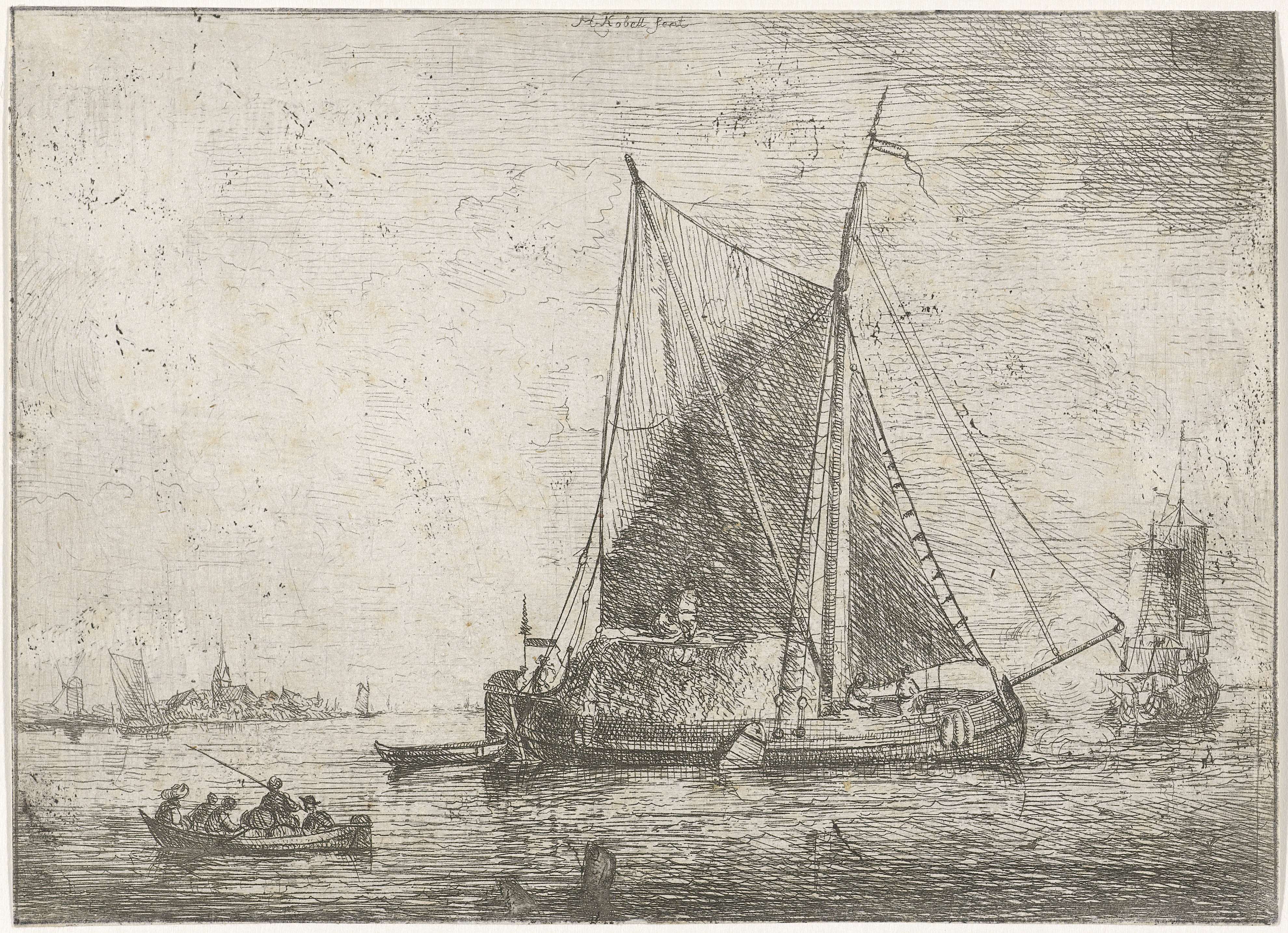 Etching by Hendrik Kobell depicting figures around a fishing boat