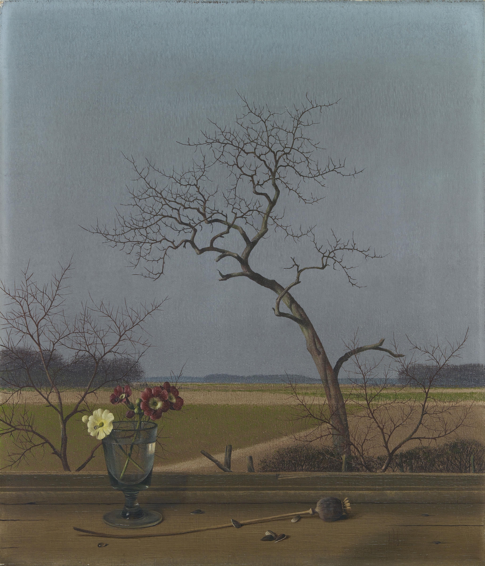 Landscape oil painting by Herbert Böttger depicting spring with soft pastels and greens.