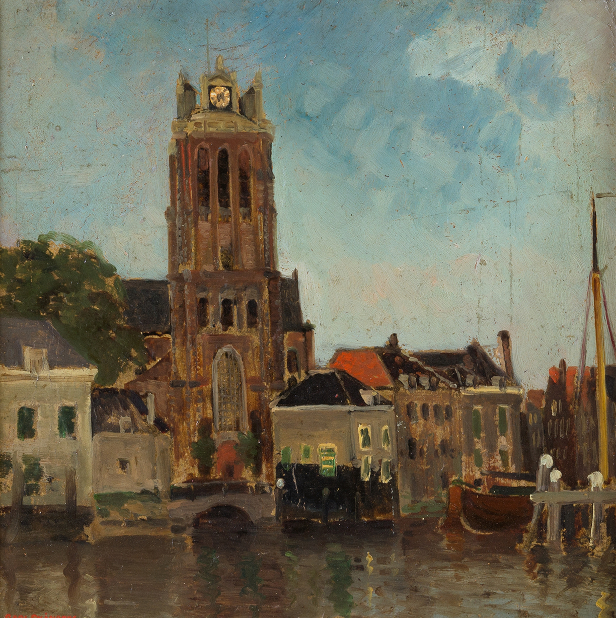 The Church Tower, Dordrecht by Carl Skånberg, oil on canvas, depicting a church tower with a dramatic sky