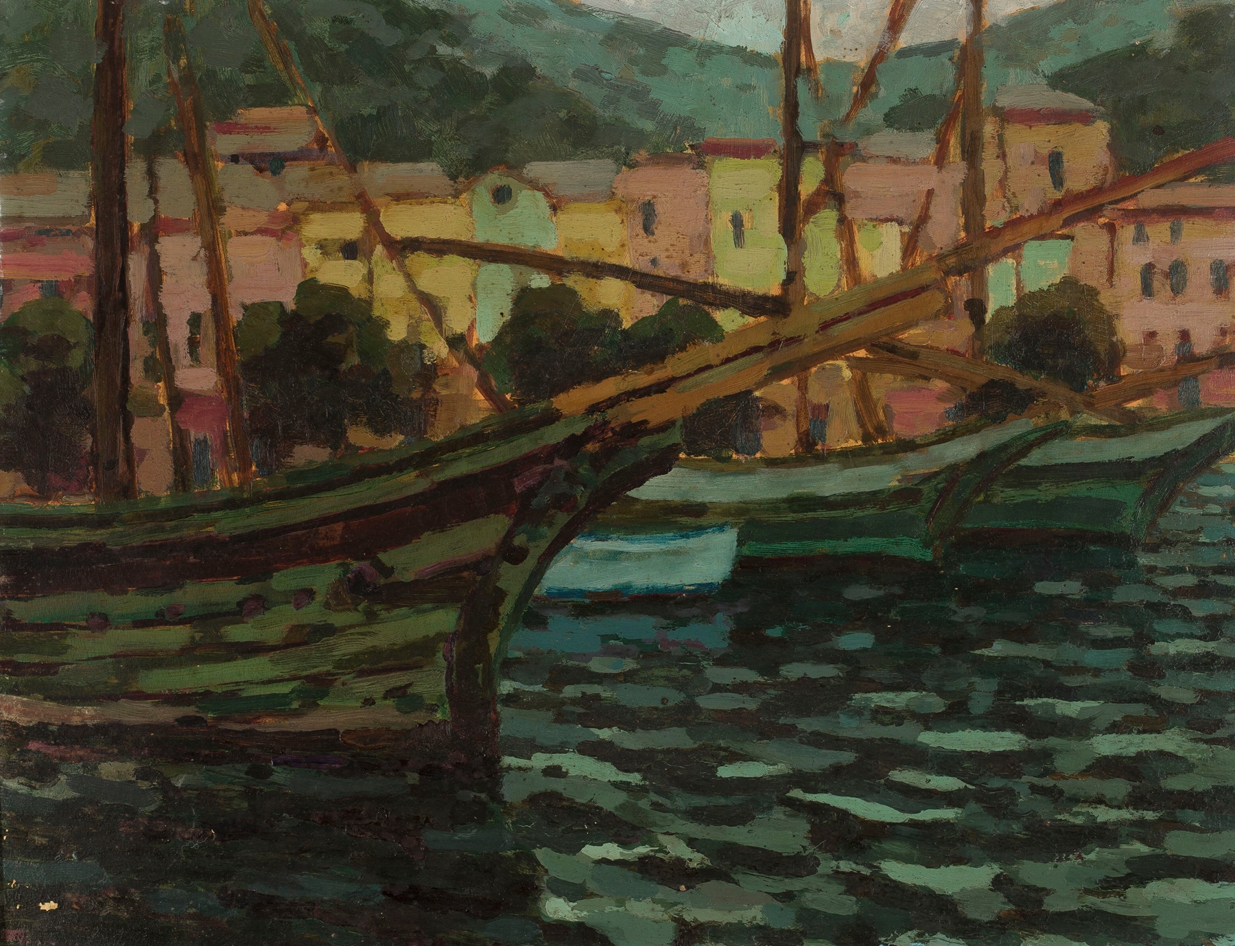 Boat bows emerging from water, oil on canvas by Jan Bohuszewicz