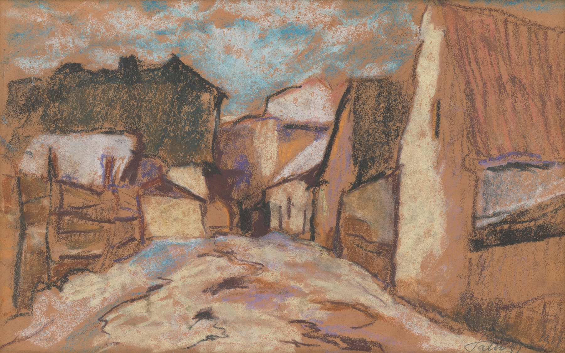 Interior scene of an alleyway with light and shadows, oil painting by Zolo Palugyay, 1926