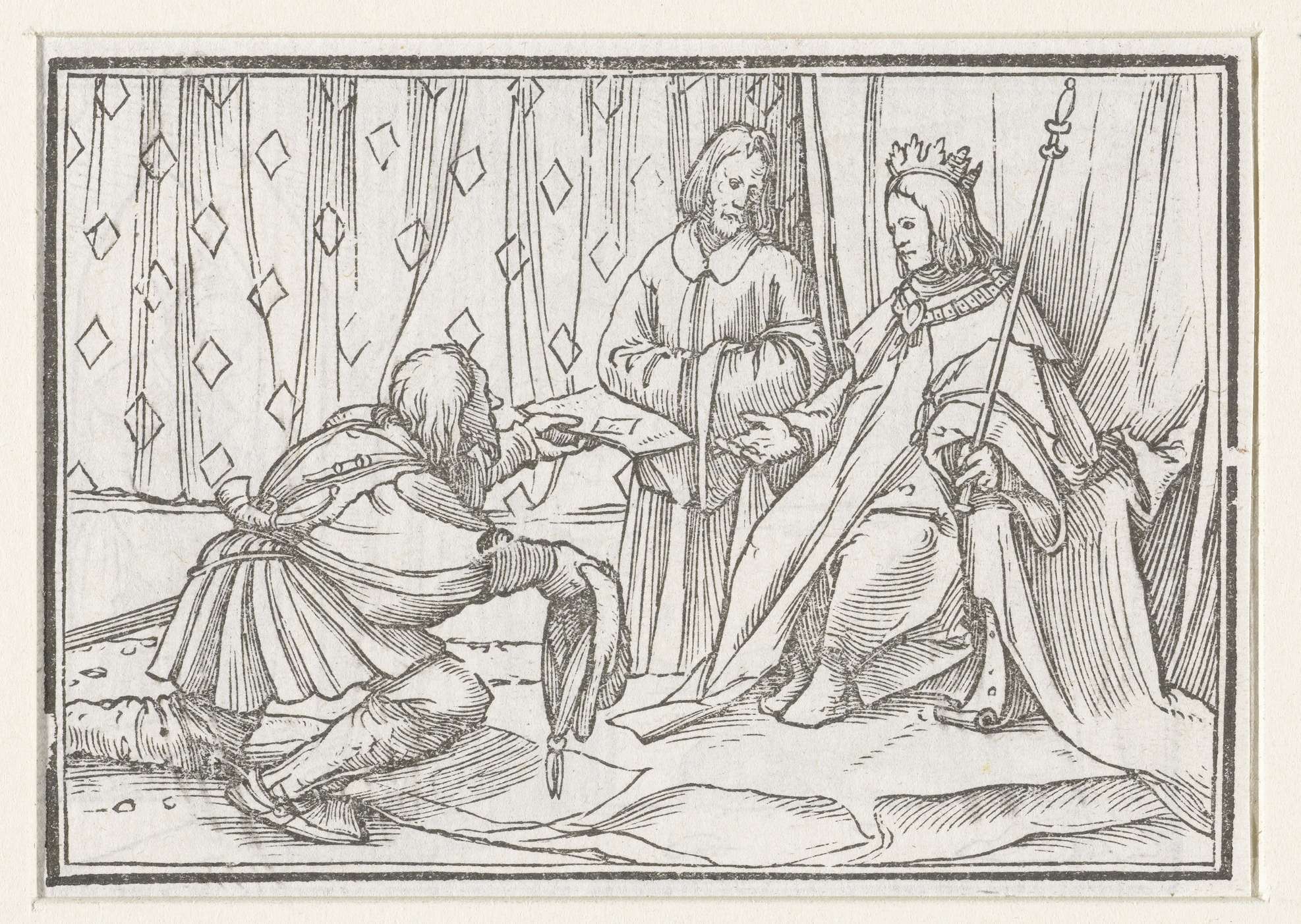 Historical drawing on paper by Hans Holbein featuring a royal messenger with a letter.