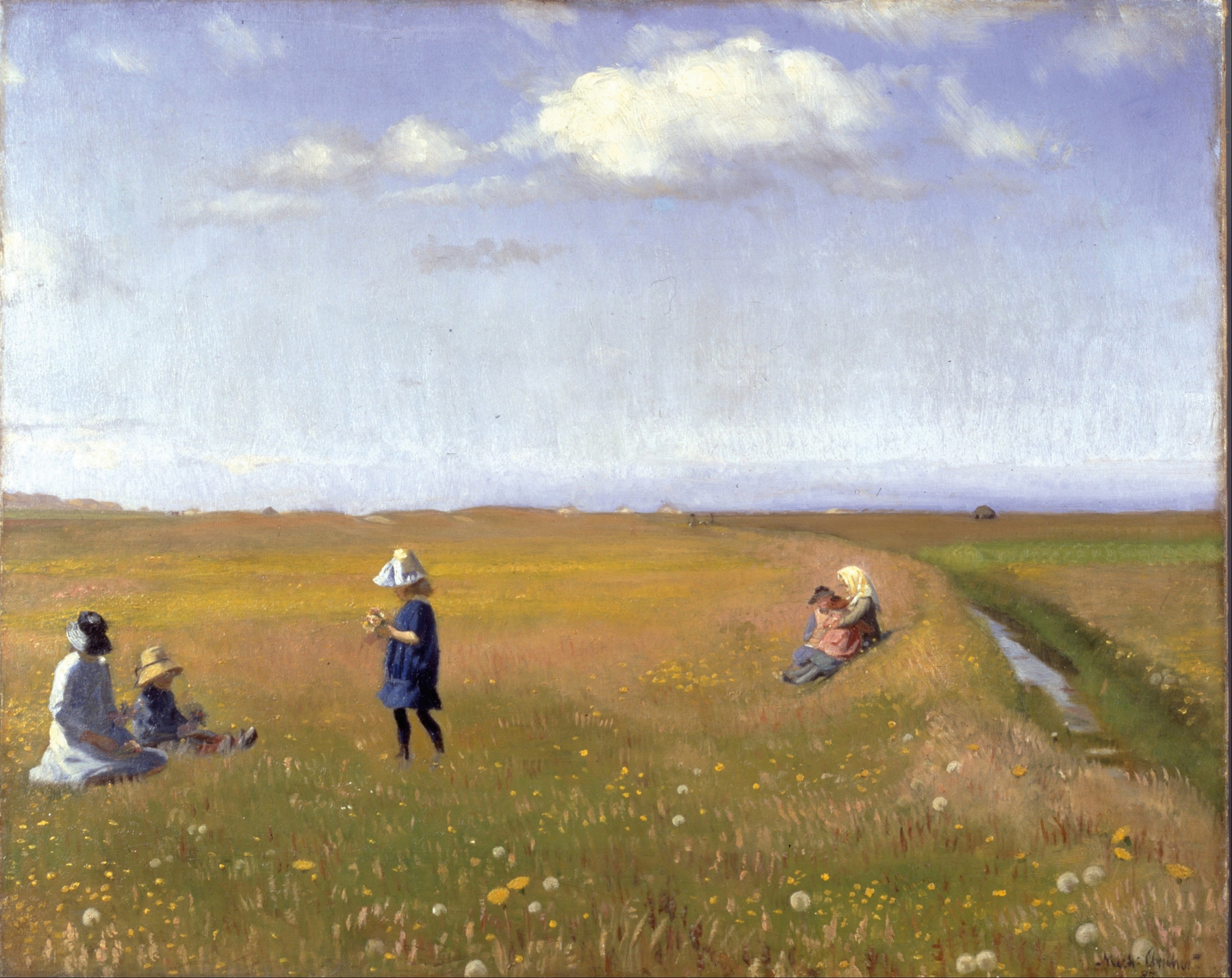 Children and young girls picking flowers in a field, oil painting by Michael Ancher