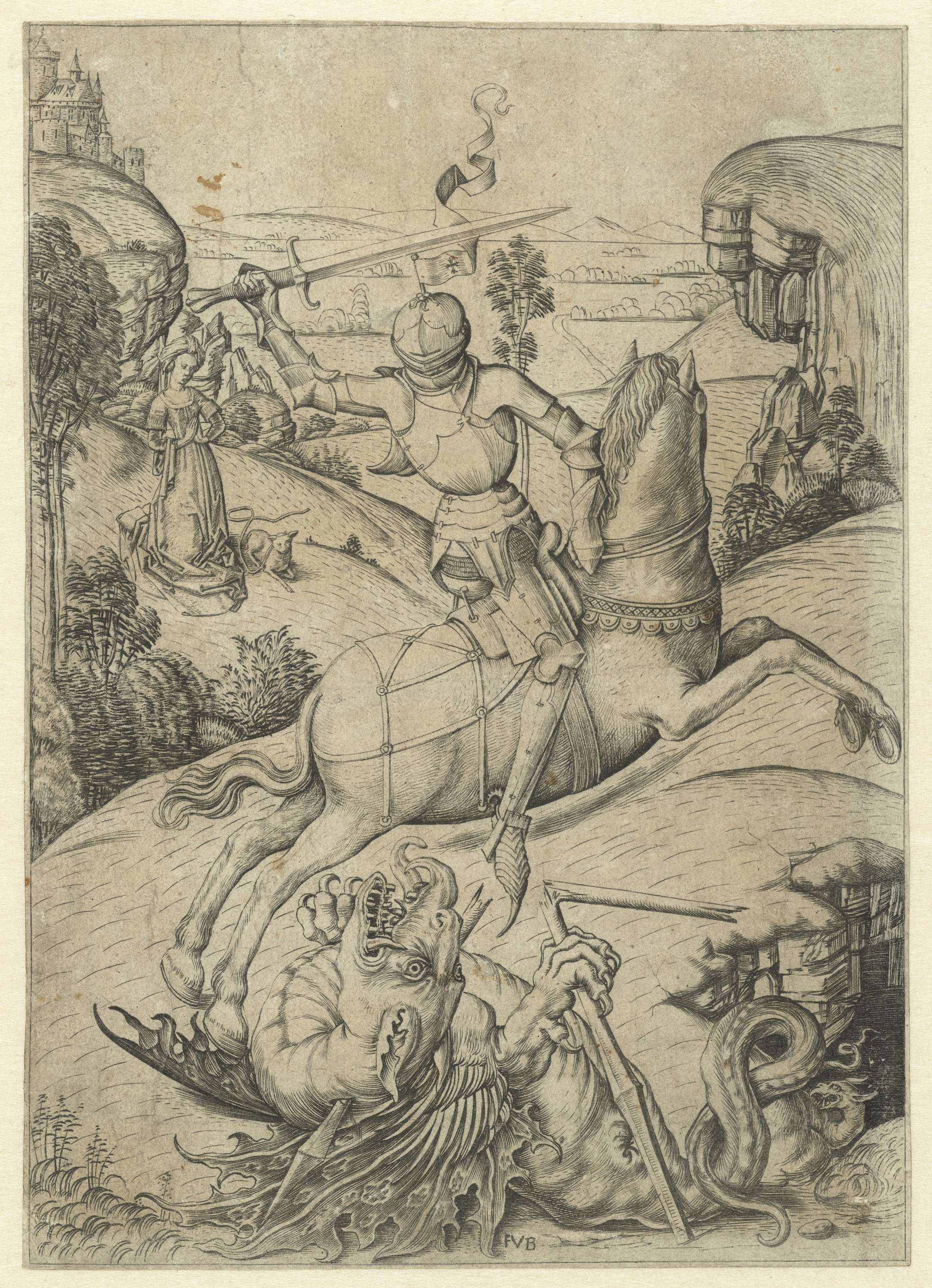Engraving by Meester FVB depicting Saint George on horseback battling a dragon