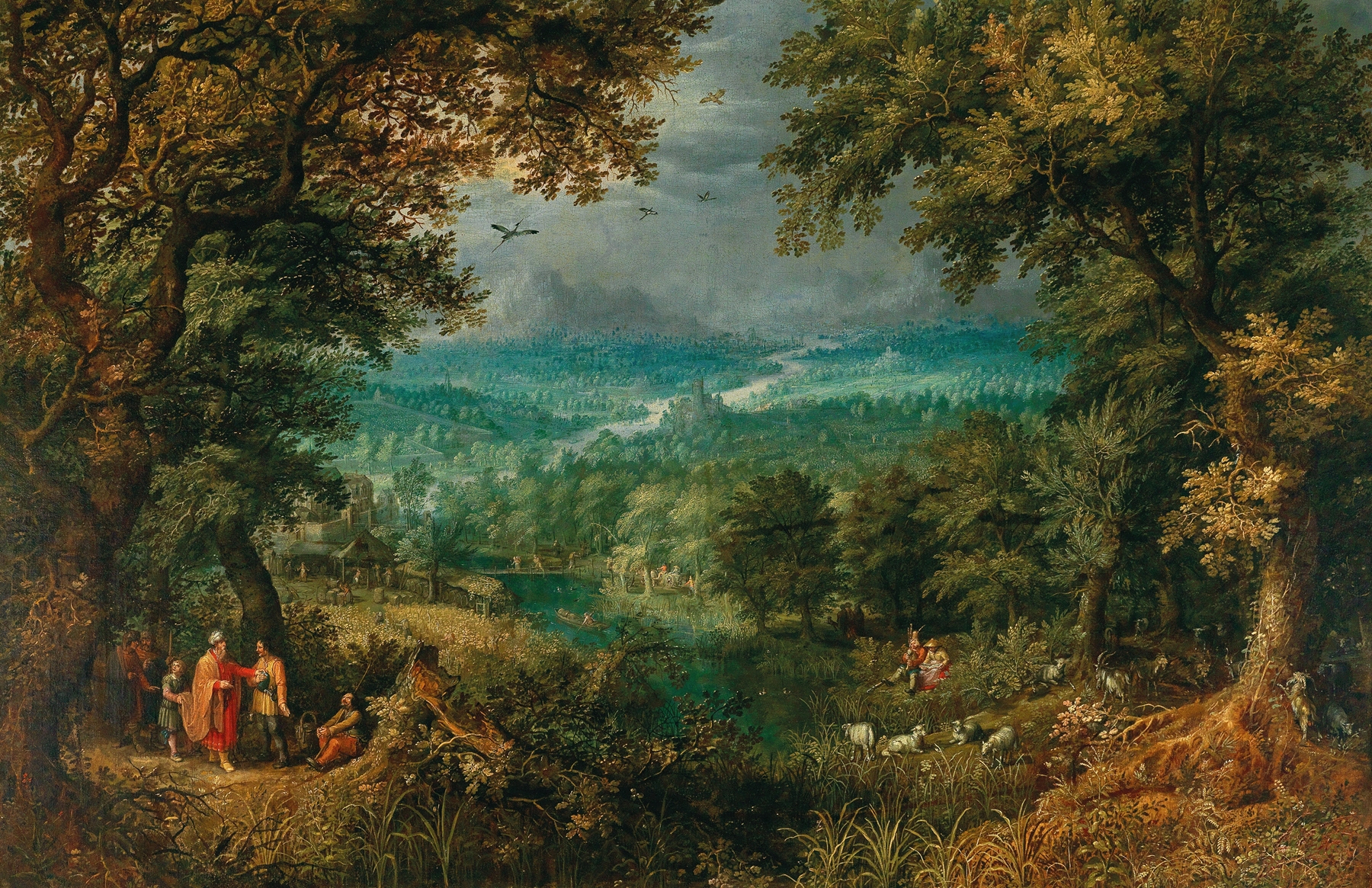 Extensive wooded landscape with biblical staffage, oil on panel by David Vinckboons