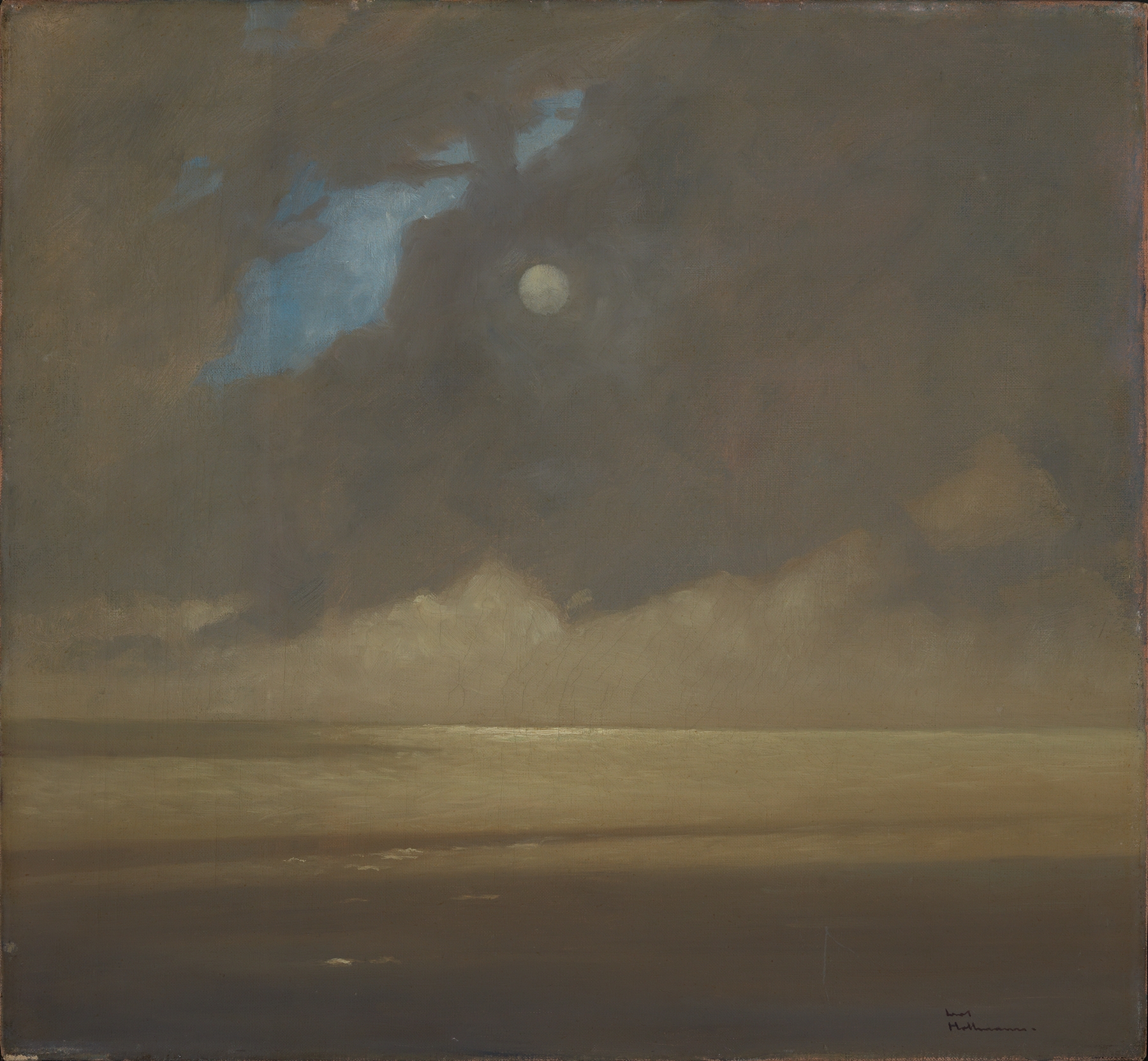 Morgennebel am Bodensee, oil on canvas by Carl Hollmann, depicting a misty lake landscape.