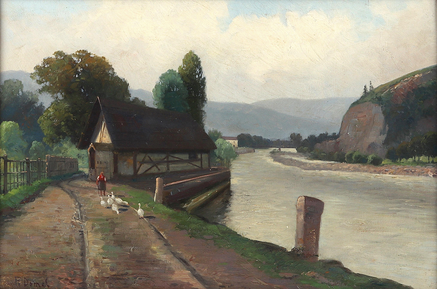 Flußlandschaft mit Gänseliesl by Franz Demel, Romanticism, depicting a serene river landscape.