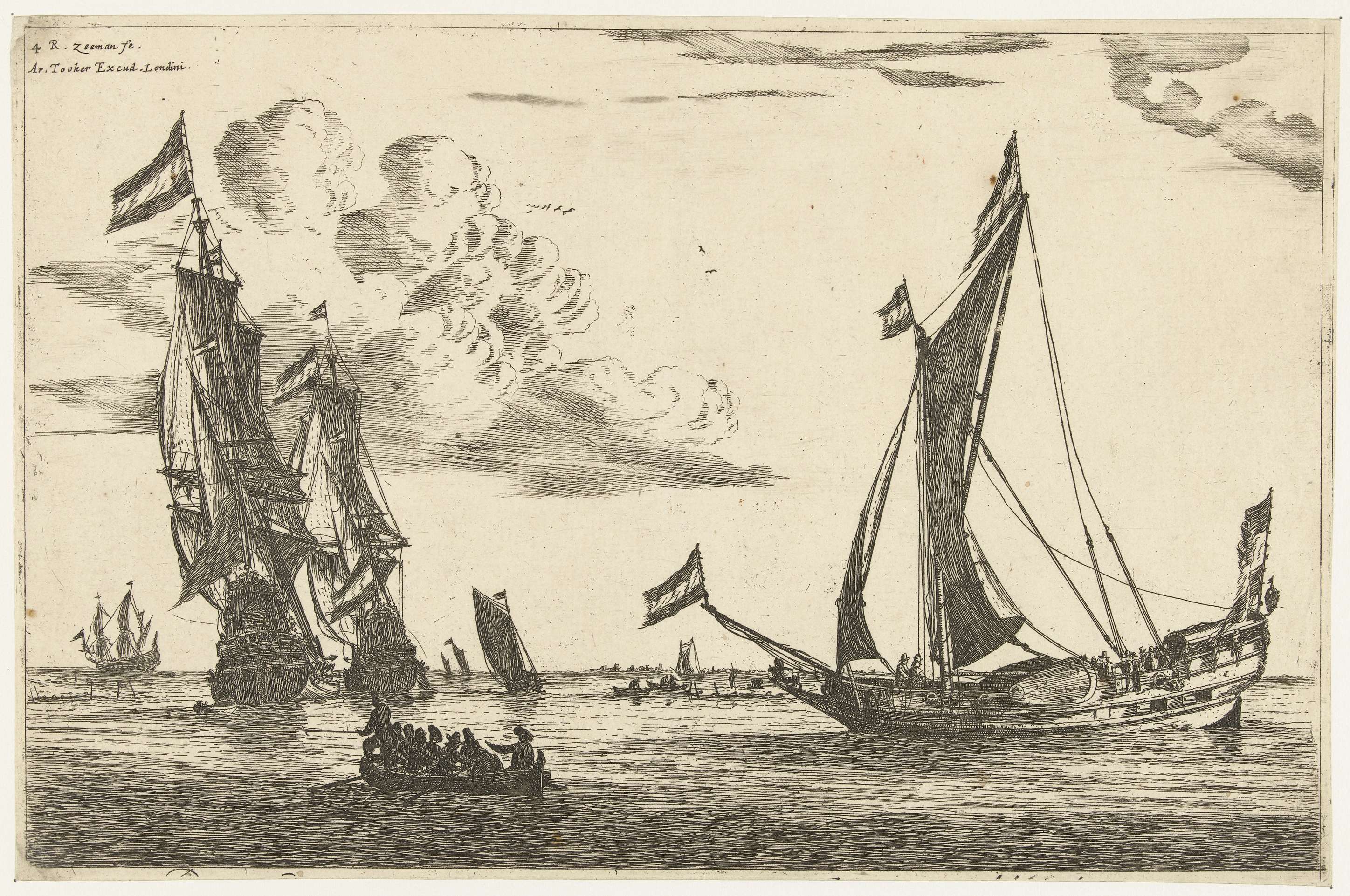 Twee oorlogsschepen en een jacht, by Reinier Nooms, public domain
