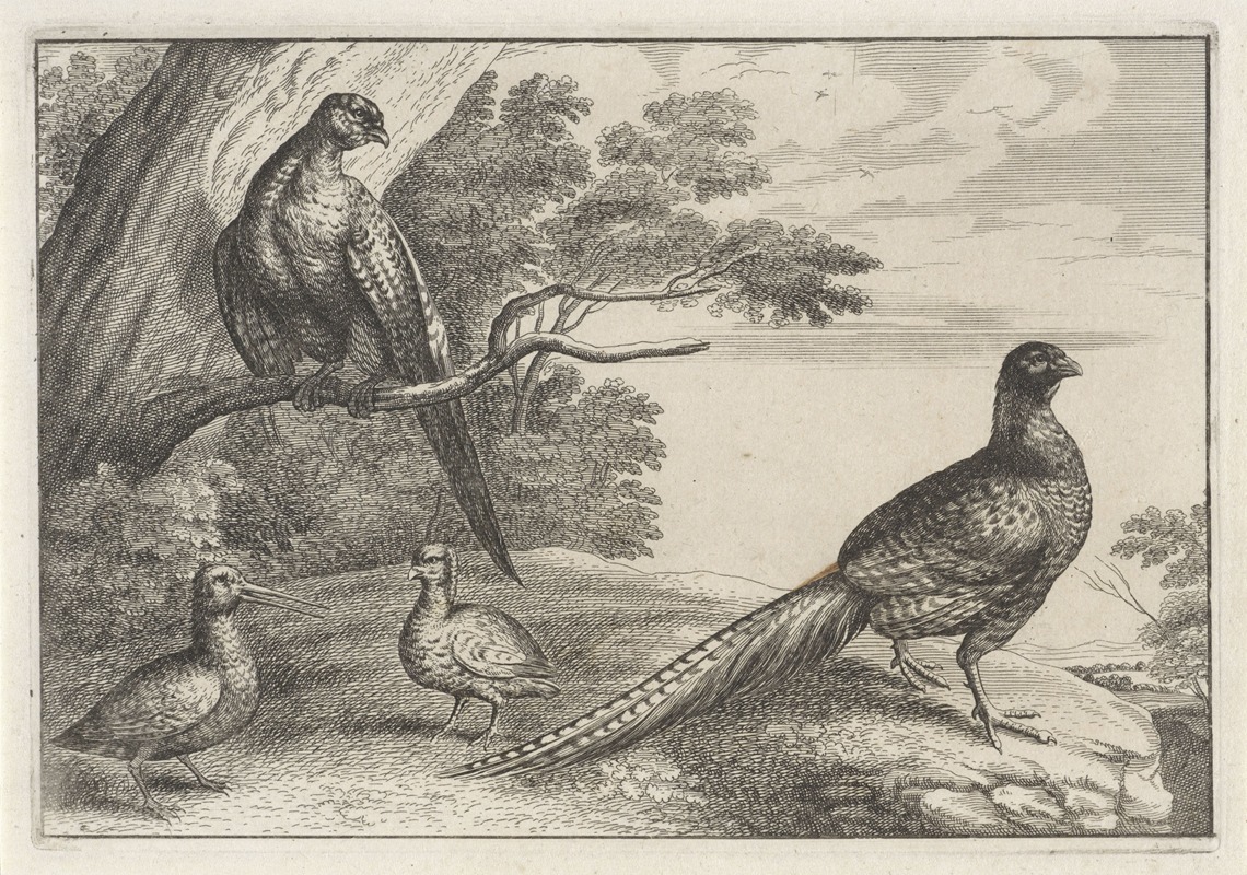 This painting features four pheasants in a lush wooded landscape.