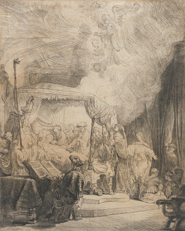 Rembrandt's 'Death of the Virgin' depicts a somber scene of mourning.