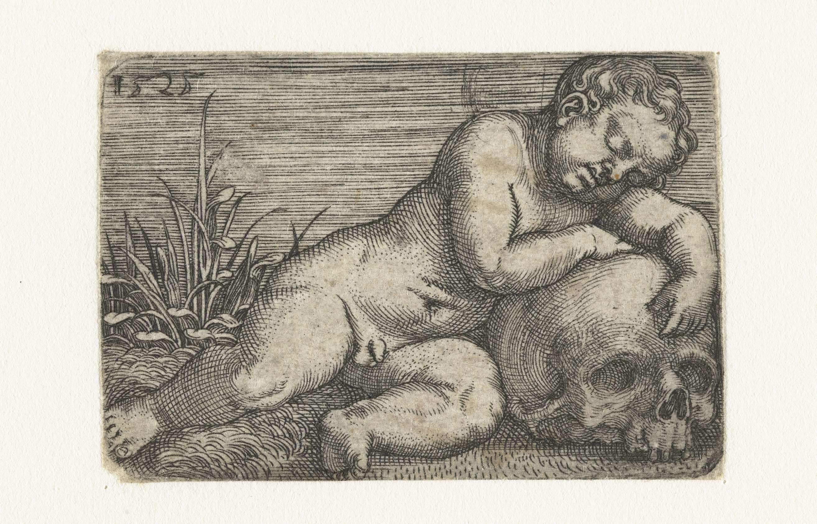Slapend kind liggend op een schedel, by Barthel Beham, public domain
