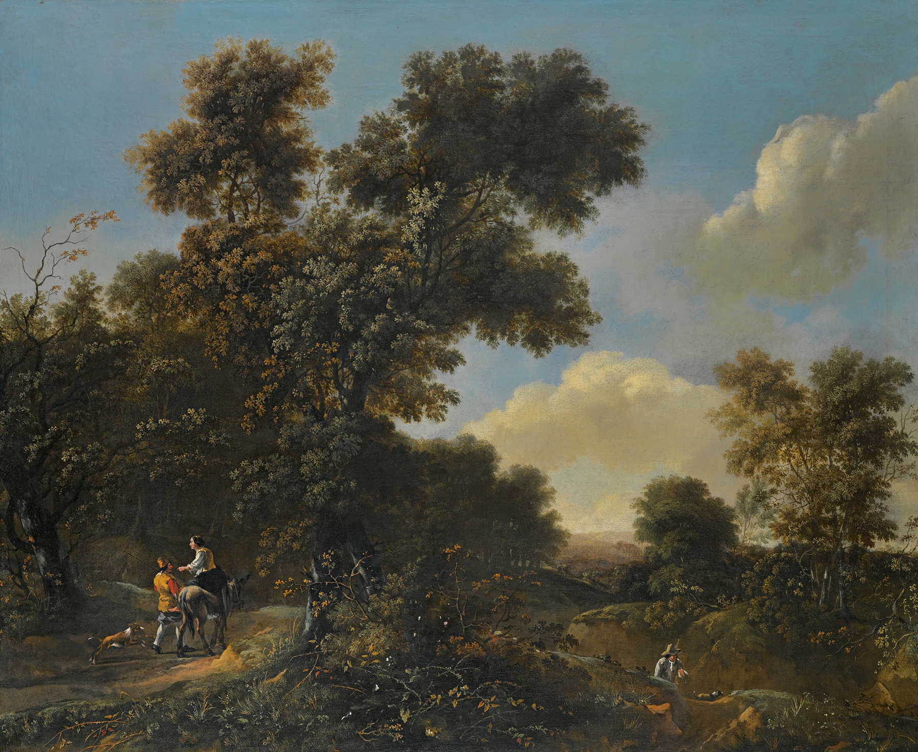A wooded landscape with travelers on a sandy path, oil on canvas by Adriaen Hendriksz. Verboom