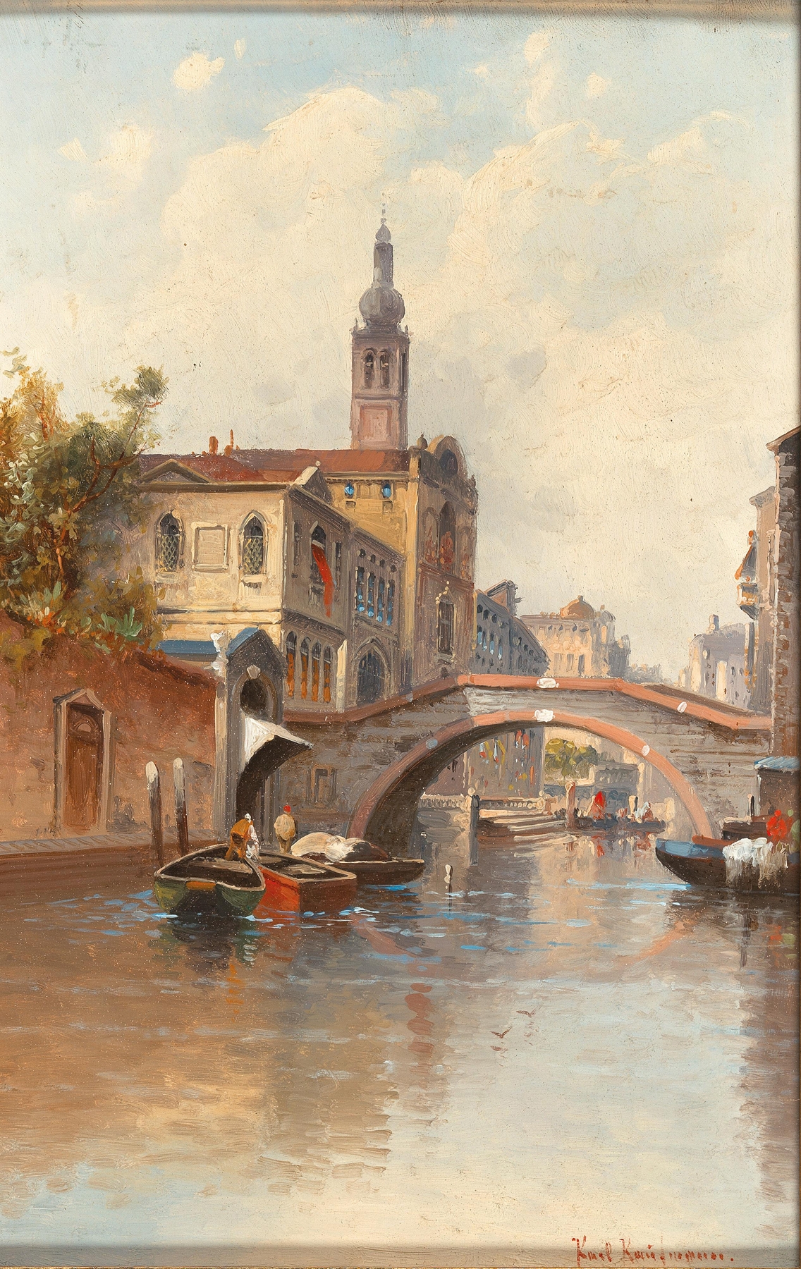 Venice, Canal Reggio by Karl Kaufmann, oil on canvas depicting a serene canal with buildings and reflections.
