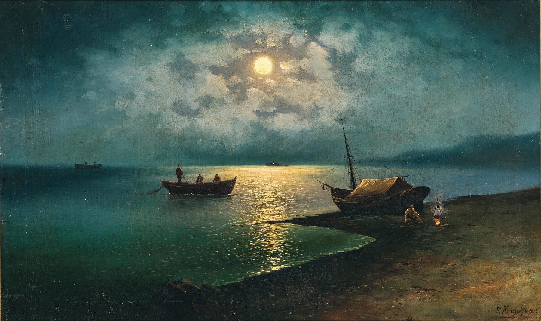 Moonlit night scene with waves and shore, oil on canvas by Grigori Ivanovitch Kapustin