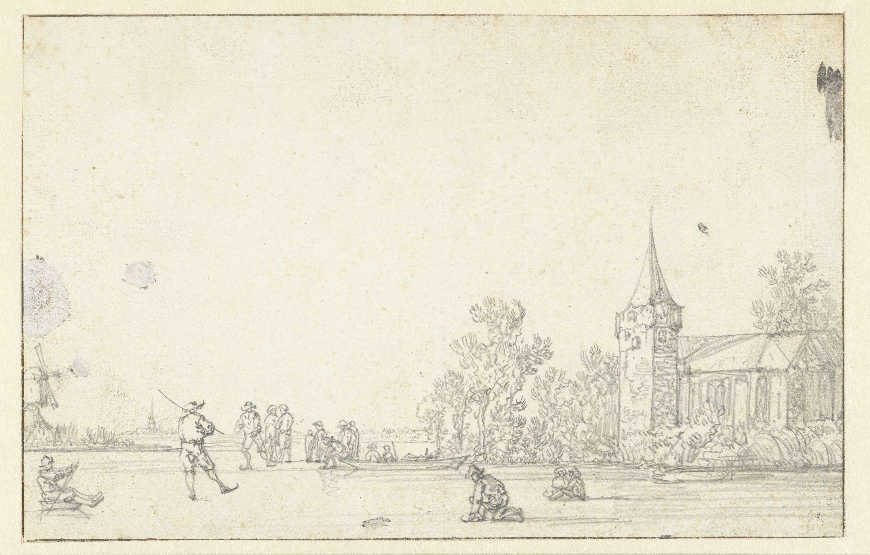 Bevroren rivier met schaatsers bij een kerk, by Aelbert Cuyp, public domain