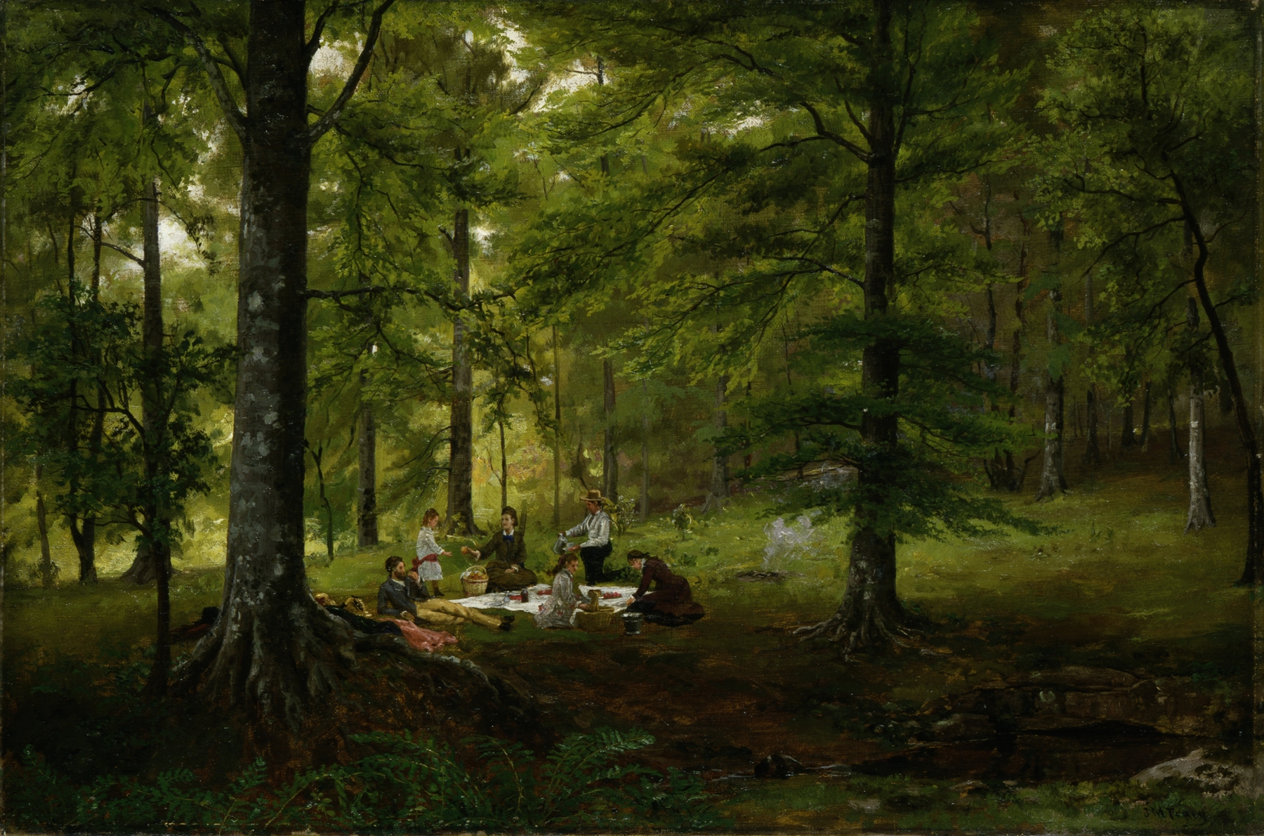 Picnic Scene by John Martin Tracy, oil painting depicting figures gathering in sunlight.
