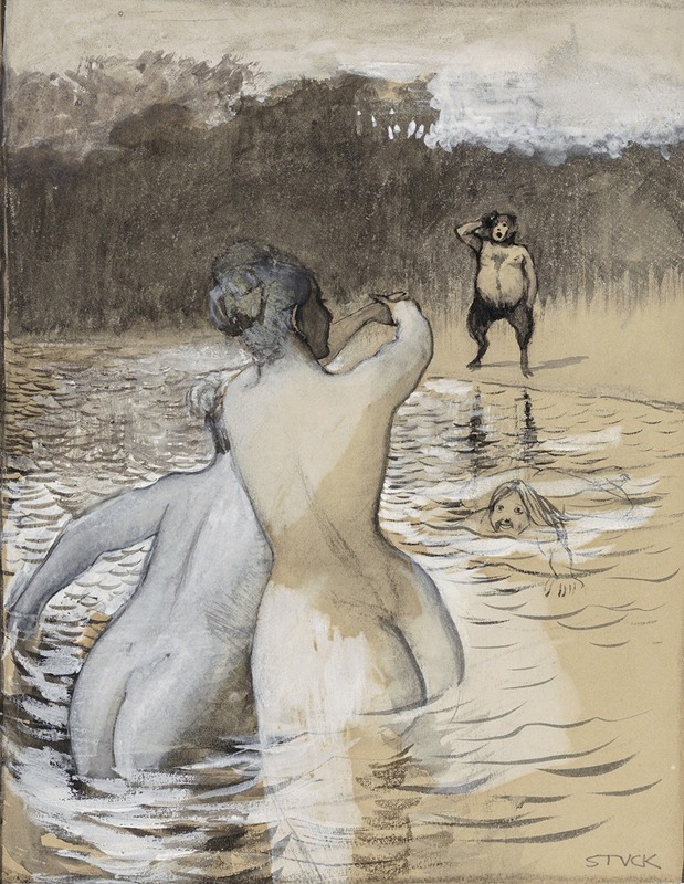 A captivating painting depicting a faun and bathing nymphs in a lush setting.