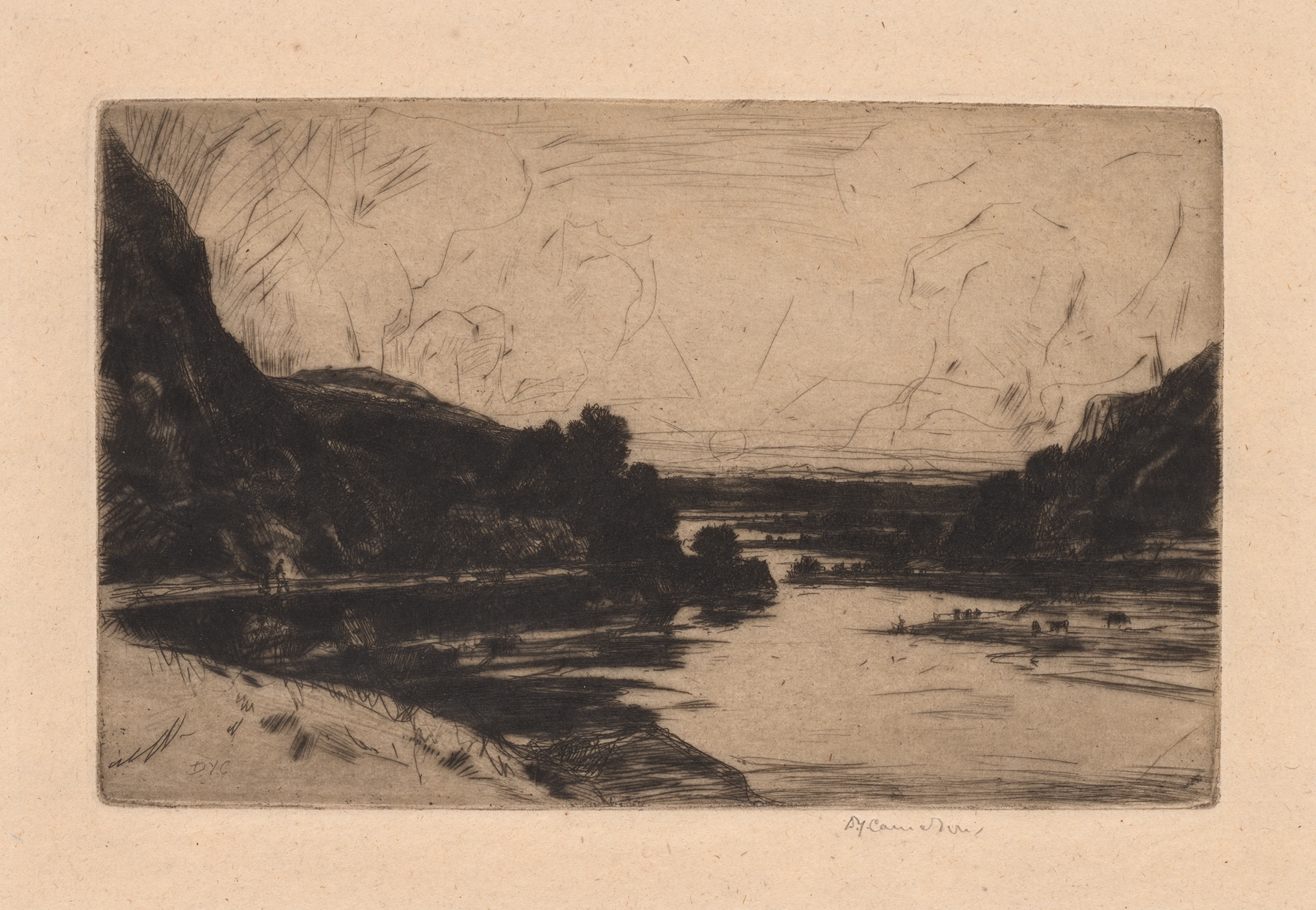 On the Ourtha by David Young Cameron, impressionism, landscape with waterway and warm sky