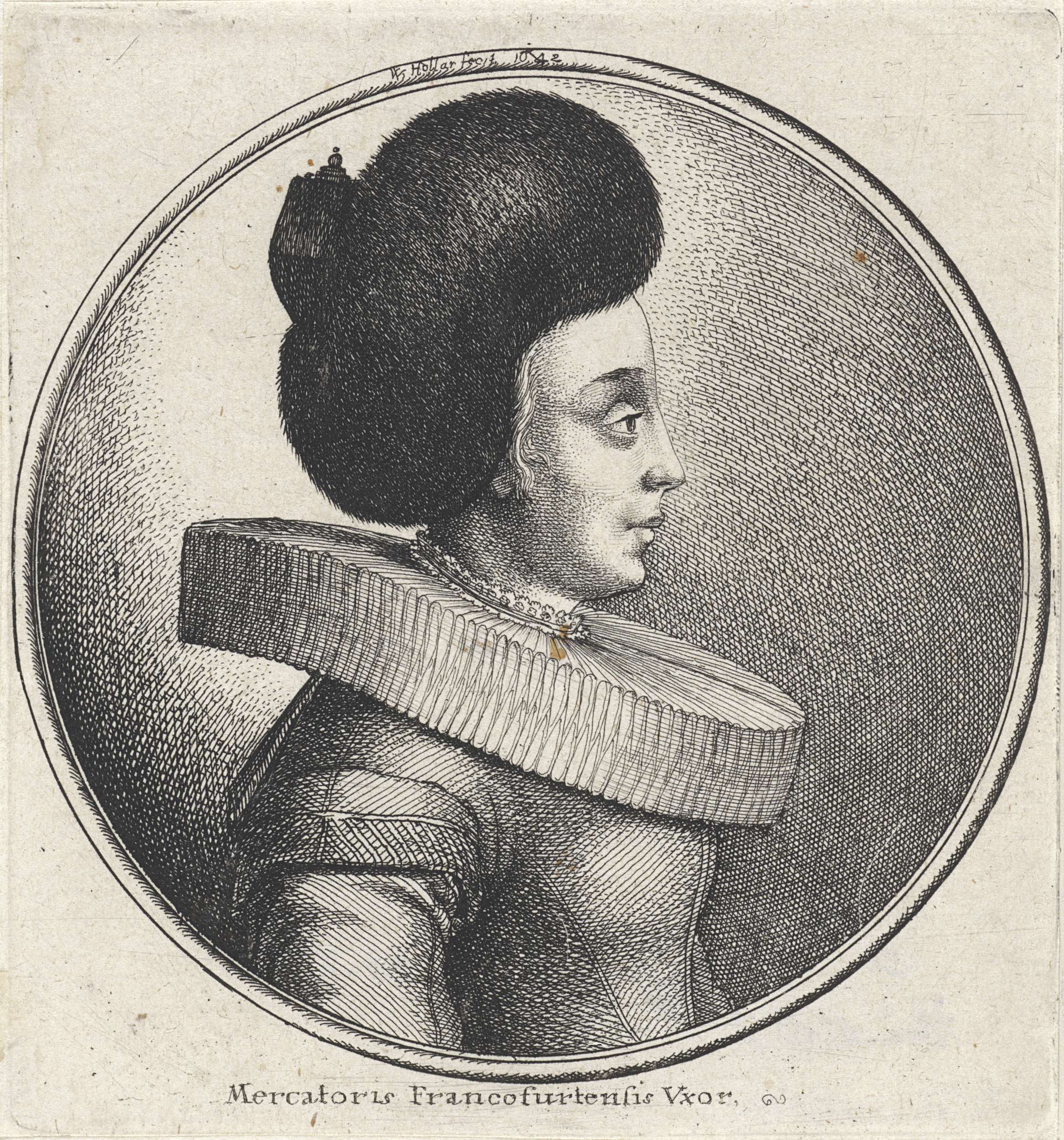 Etching of a woman in profile wearing a fur hat and pleated collar by Wenceslaus Hollar