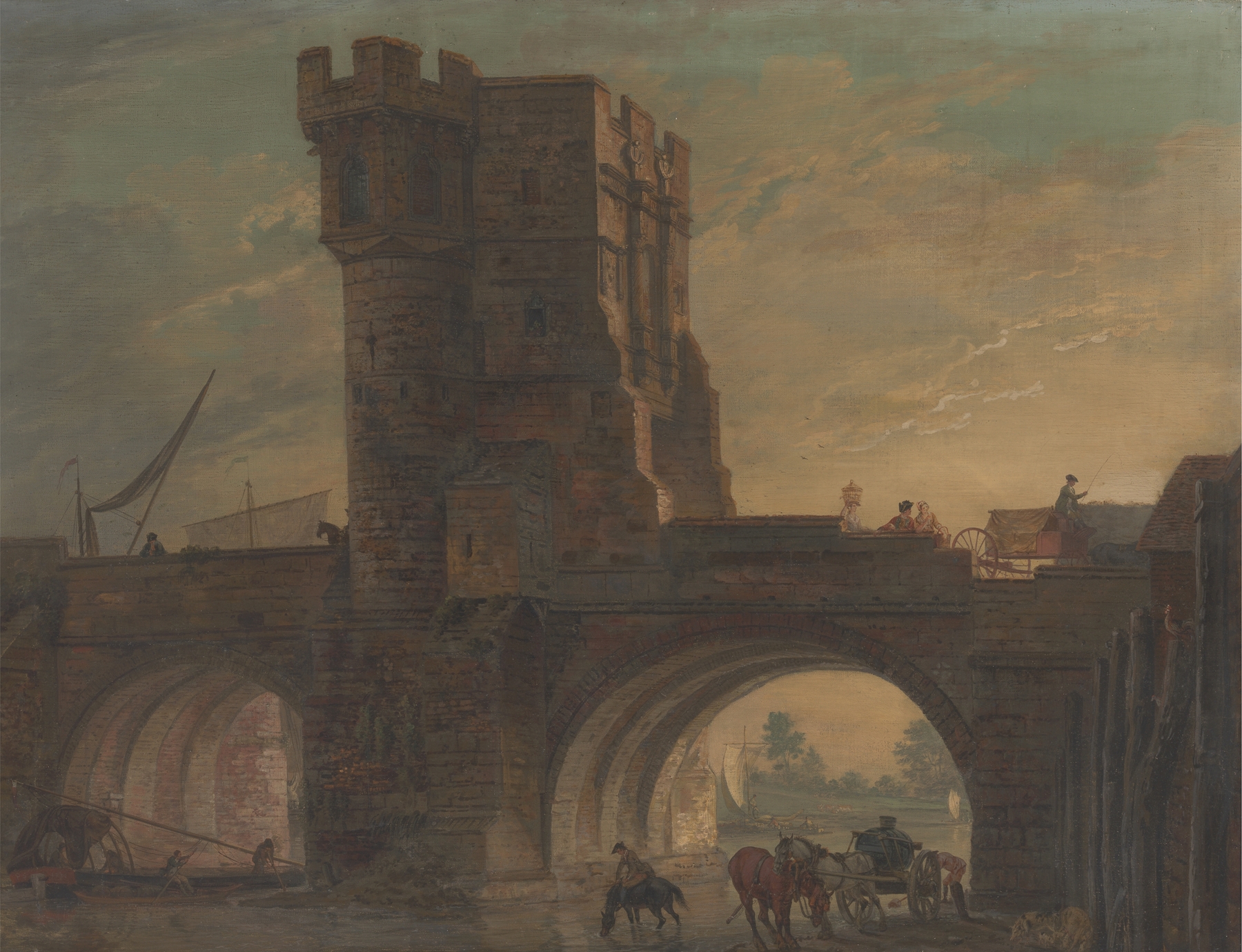 Old Bridge at Shrewsbury by Paul Sandby, oil painting of a river and bridge.