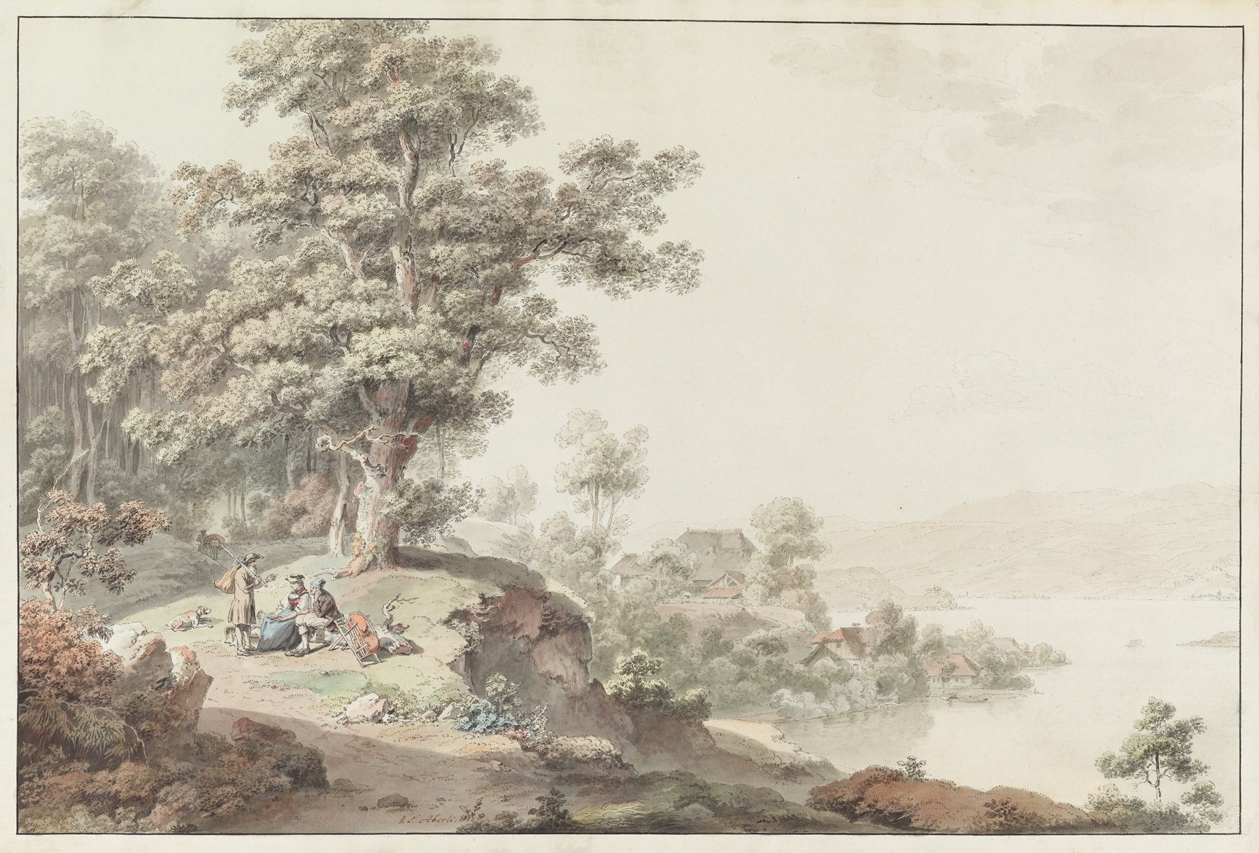 Engraving by Johann Ludwig Aberli depicting a serene lake at twilight.